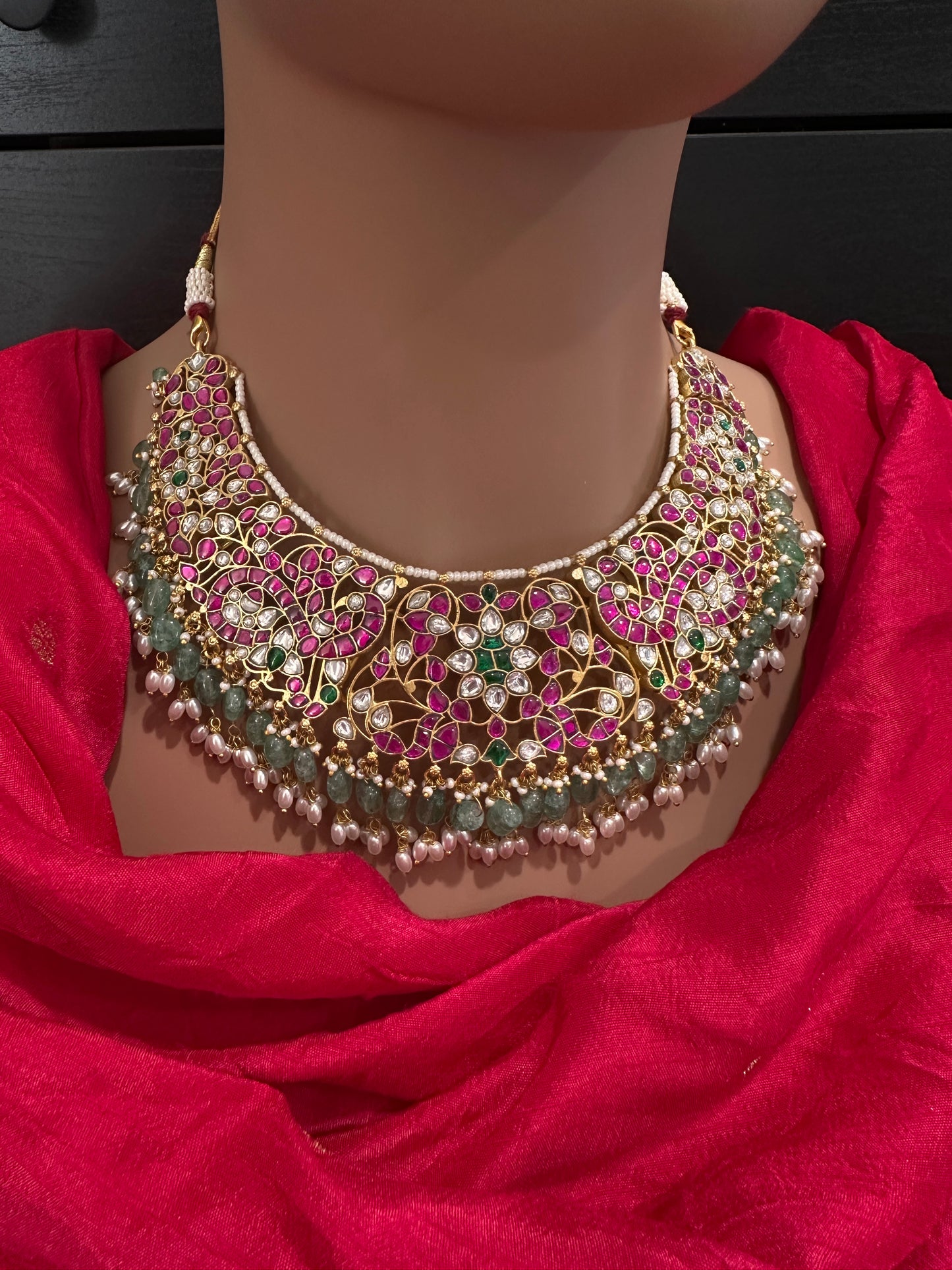 Jadau Kundan Neckline Necklace with Green Emerald Beads - 
