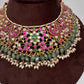 Jadau Kundan Neckline Necklace with Green Emerald Beads - 