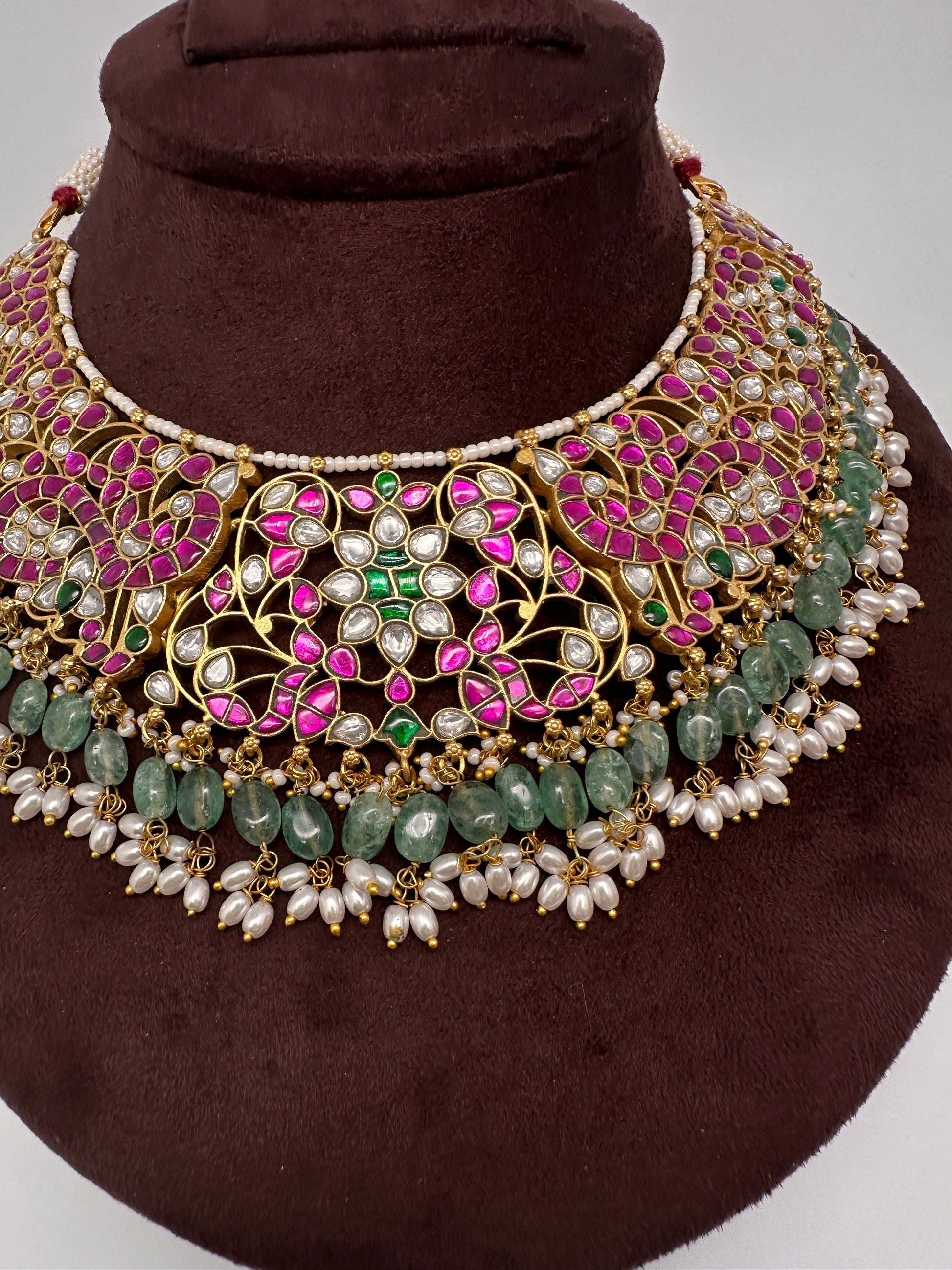 Jadau Kundan Neckline Necklace with Green Emerald Beads - 