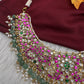 Jadau Kundan Neckline Necklace with Green Emerald Beads - 