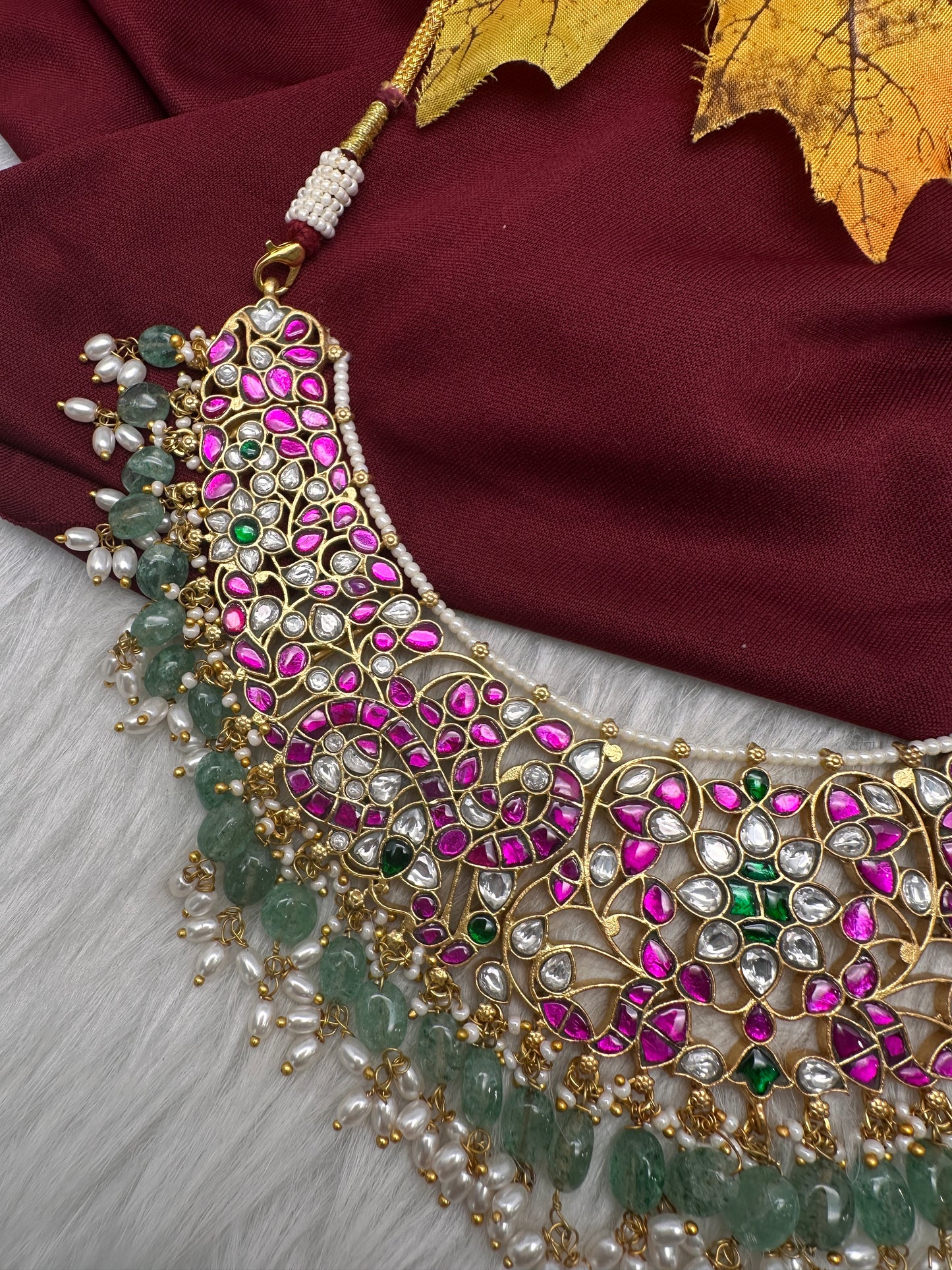 Jadau Kundan Neckline Necklace with Green Emerald Beads - 