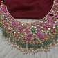 Jadau Kundan Neckline Necklace with Green Emerald Beads - 