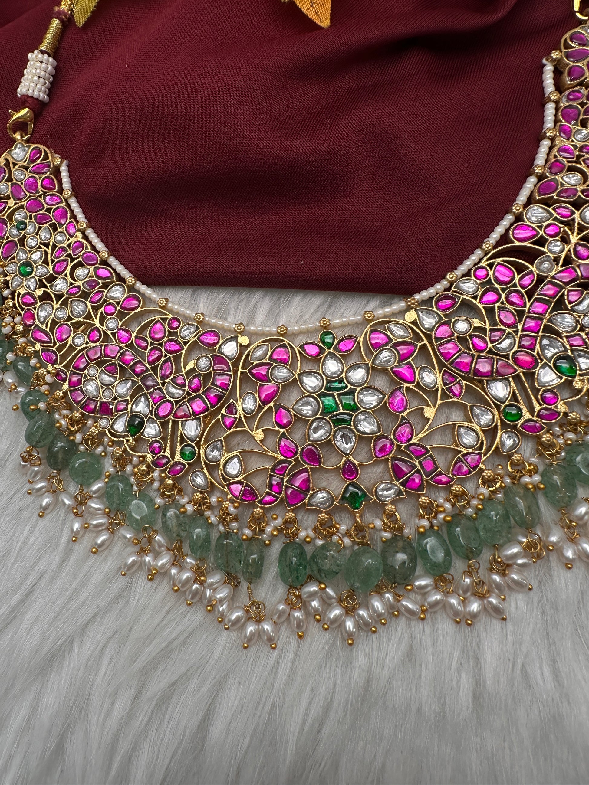 Jadau Kundan Neckline Necklace with Green Emerald Beads - 