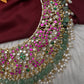 Jadau Kundan Neckline Necklace with Green Emerald Beads - 