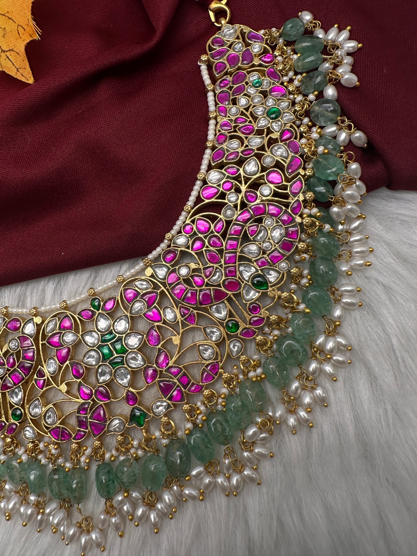 Jadau Kundan Neckline Necklace with Green Emerald Beads - 