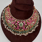 Jadau Kundan Neckline Necklace with Green Emerald Beads - 