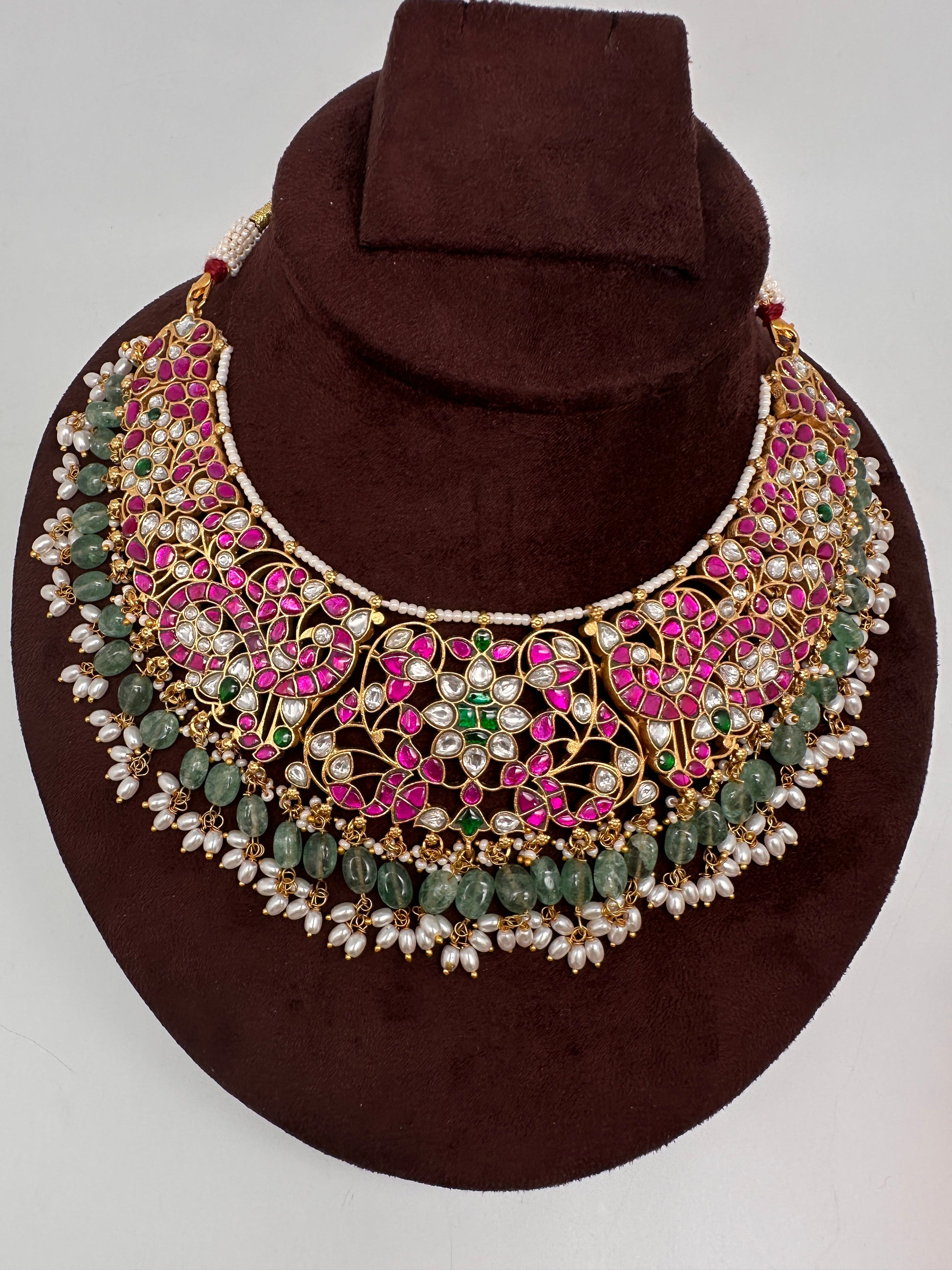 Jadau Kundan Neckline Necklace with Green Emerald Beads - 