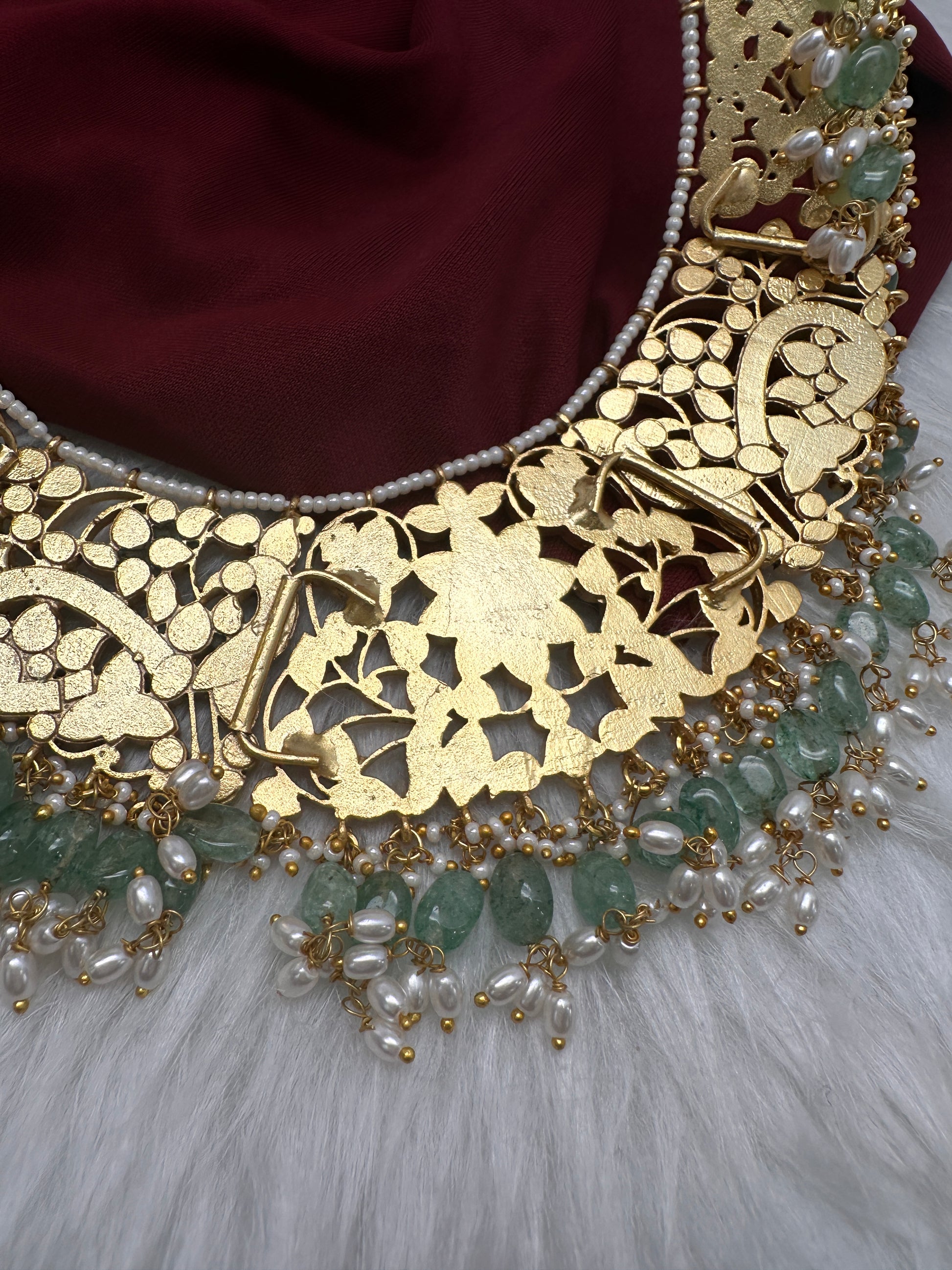 Jadau Kundan Neckline Necklace with Green Emerald Beads - 