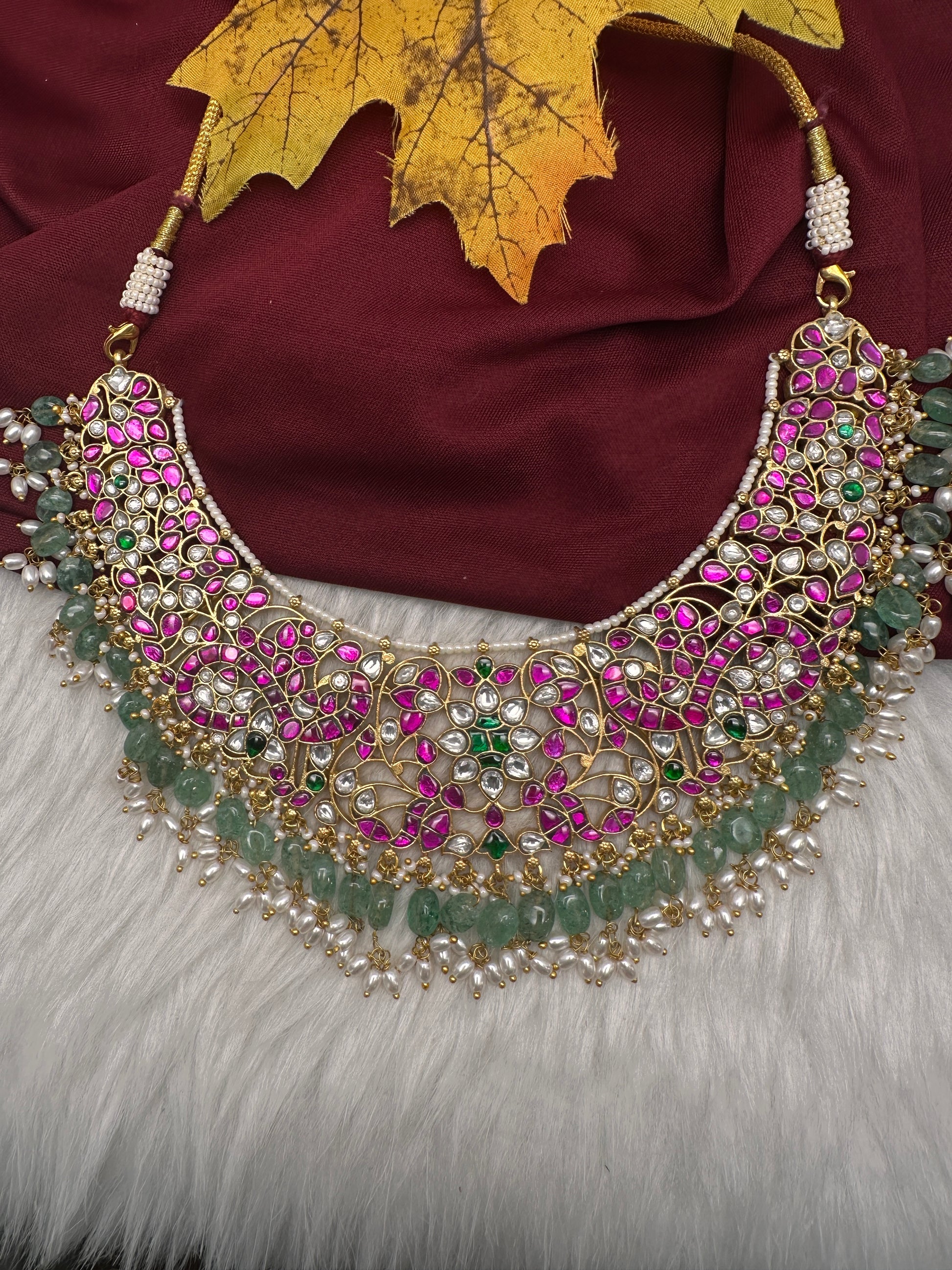 Jadau Kundan Neckline Necklace with Green Emerald Beads - 
