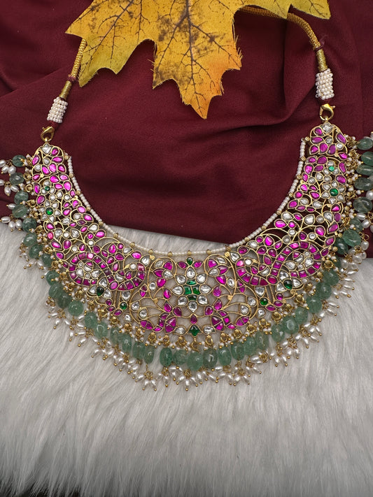Jadau Kundan Neckline Necklace with Green Emerald Beads - 