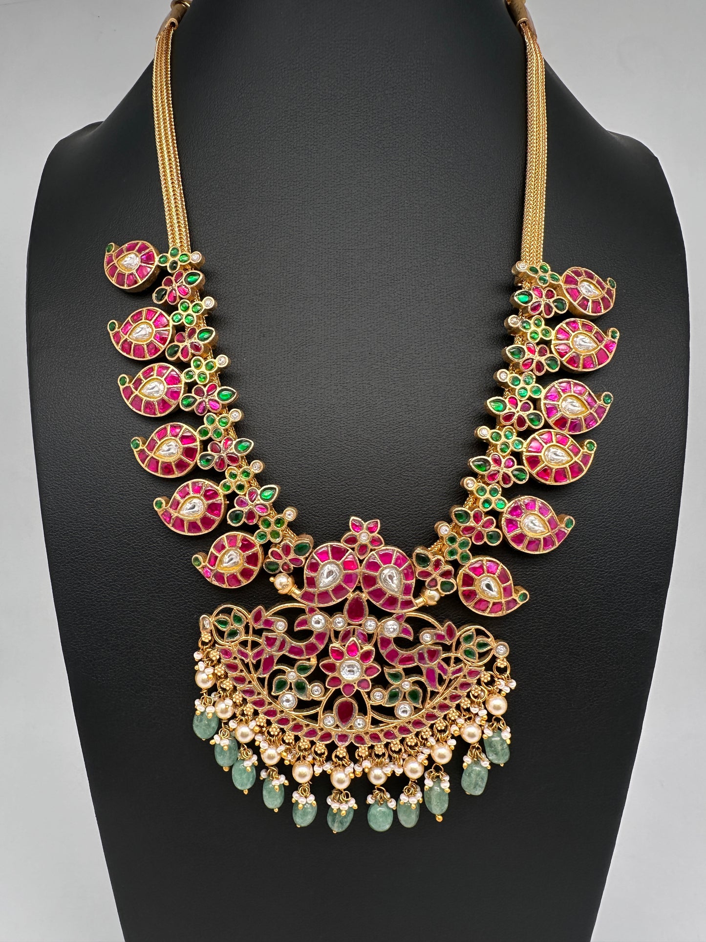 Jadau Kundan Mango Necklace with Green Emerald Beads - 