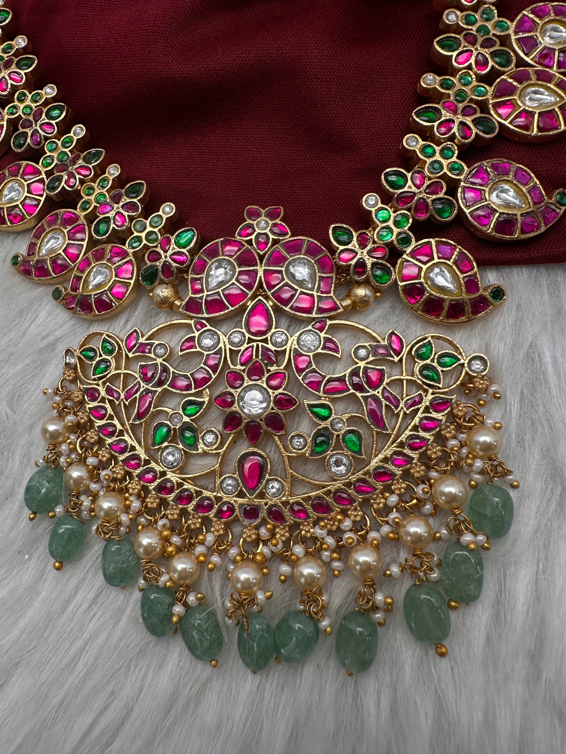 Jadau Kundan Mango Necklace with Green Emerald Beads - 