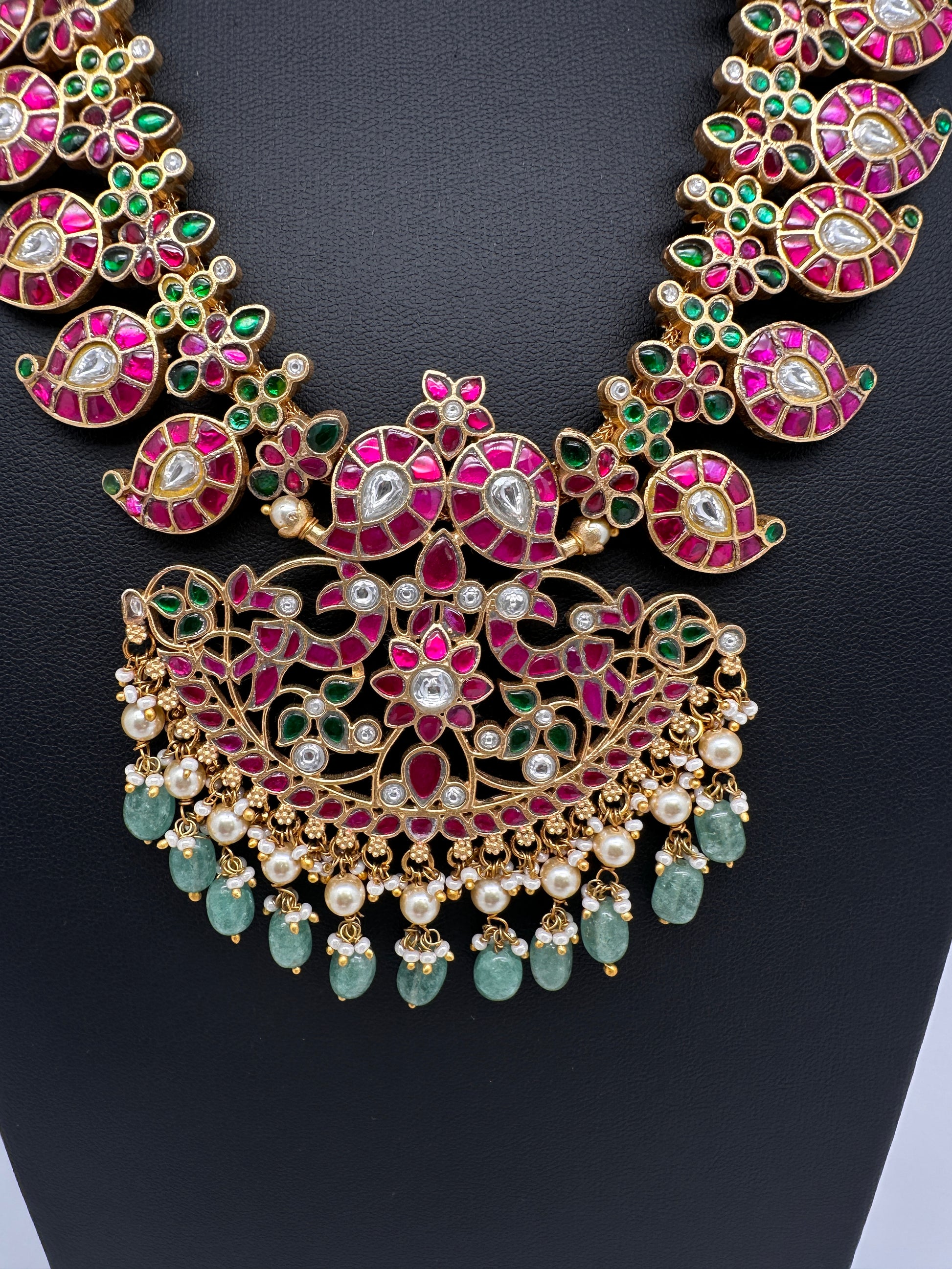 Jadau Kundan Mango Necklace with Green Emerald Beads - 