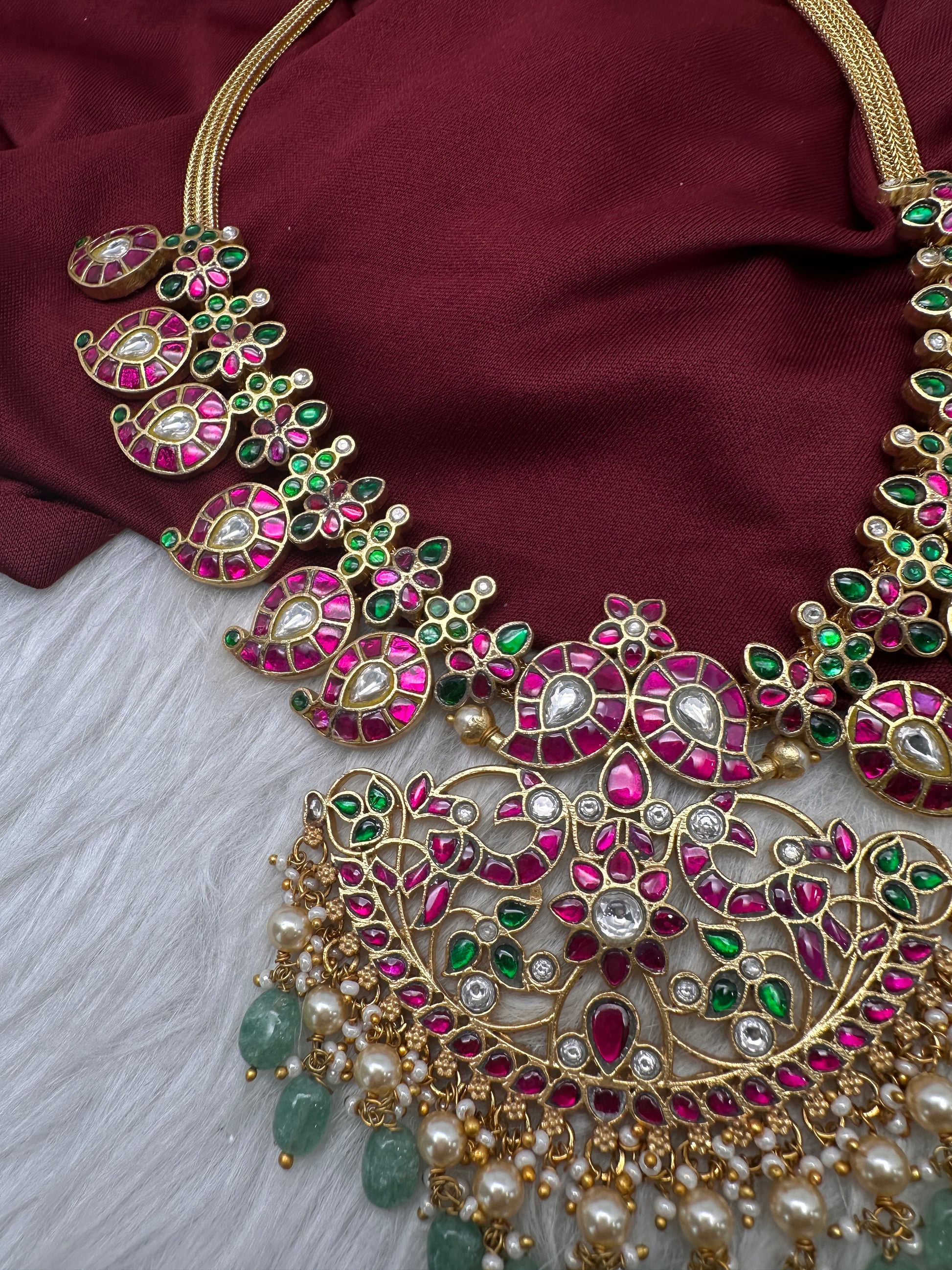 Jadau Kundan Mango Necklace with Green Emerald Beads - 