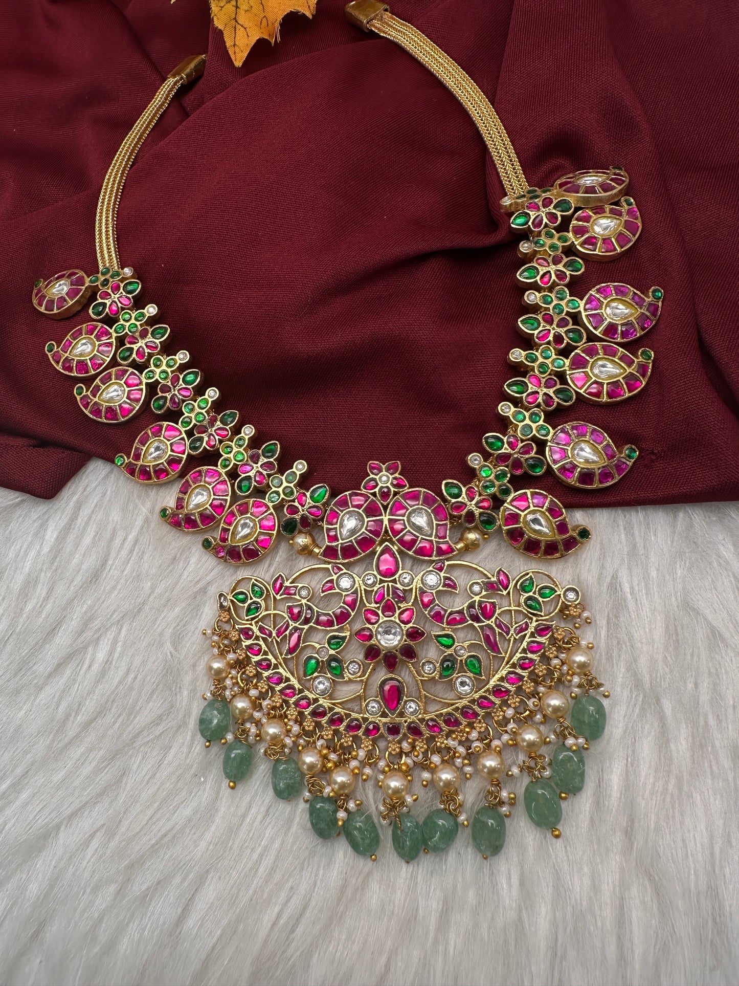 Jadau Kundan Mango Necklace with Green Emerald Beads - 