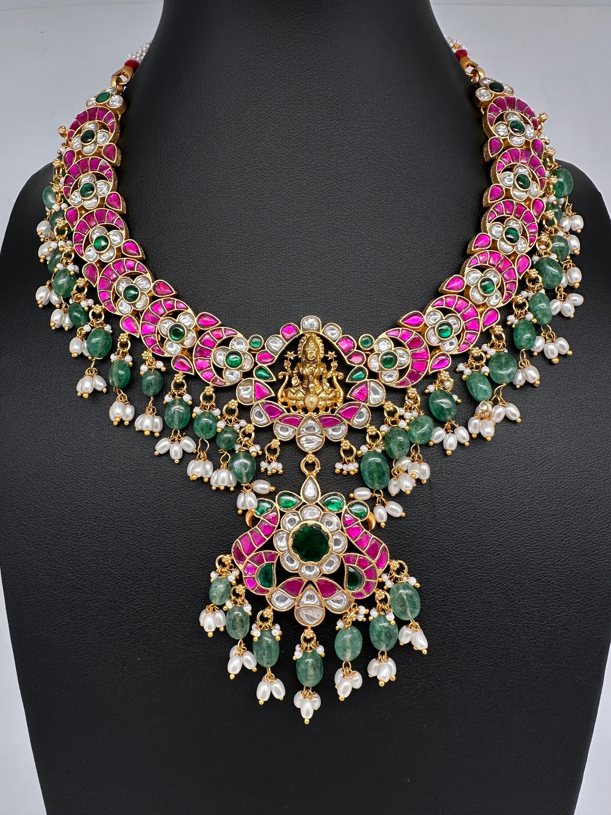 Jadau Kundan Goddess Lakshmi Necklace with Emerald Beads - 