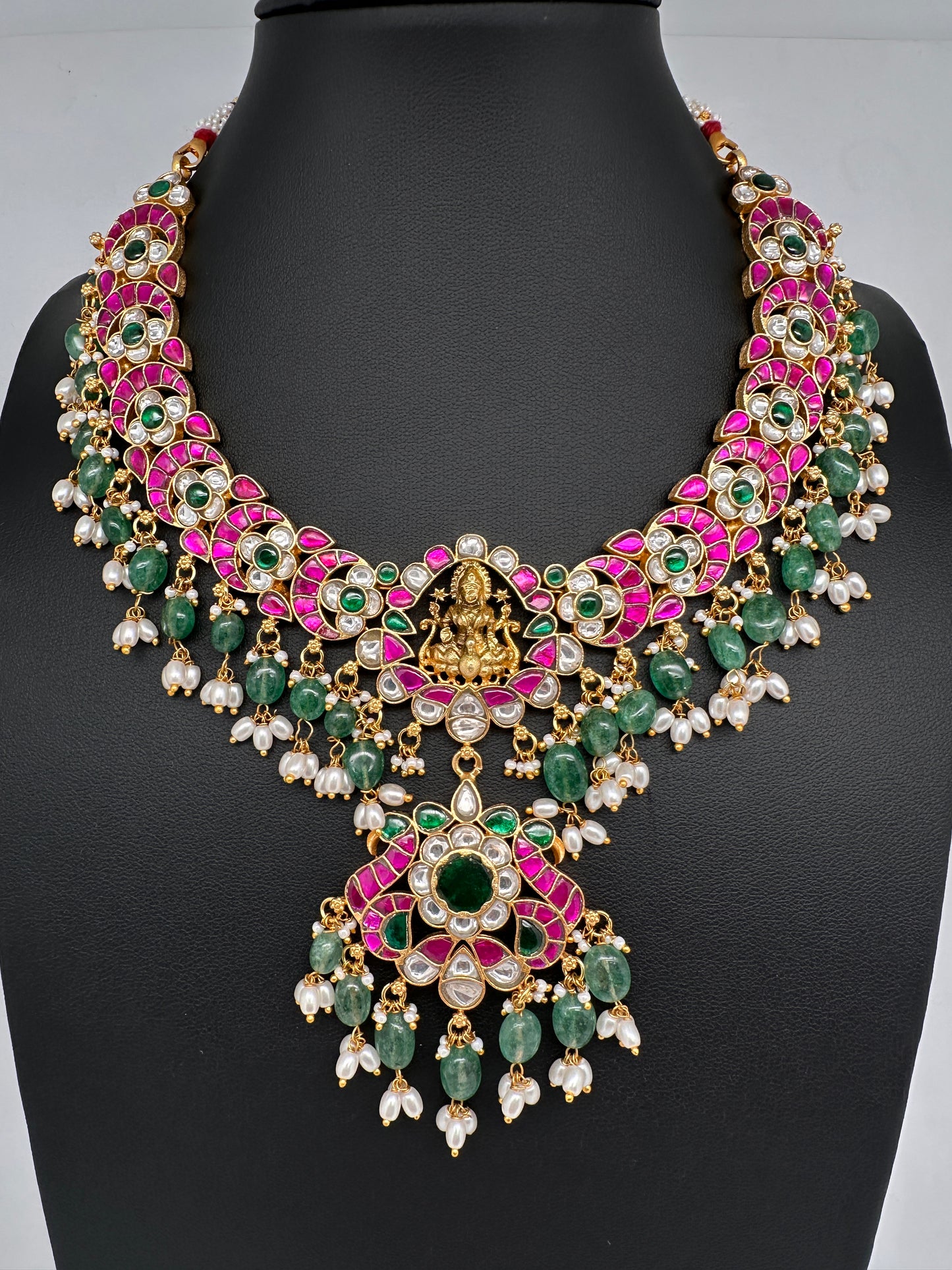 Jadau Kundan Goddess Lakshmi Necklace with Emerald Beads - 