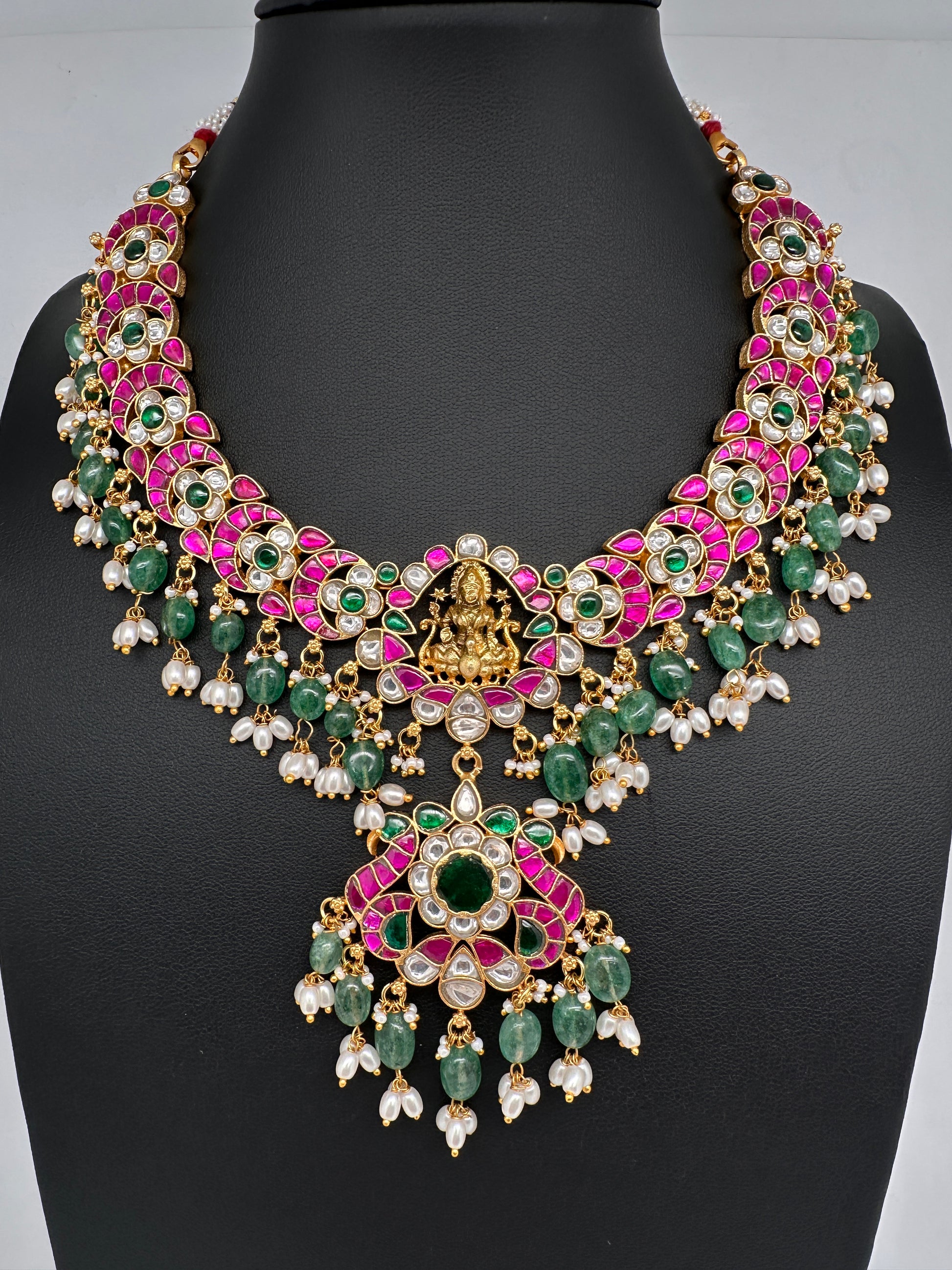 Jadau Kundan Goddess Lakshmi Necklace with Emerald Beads - 