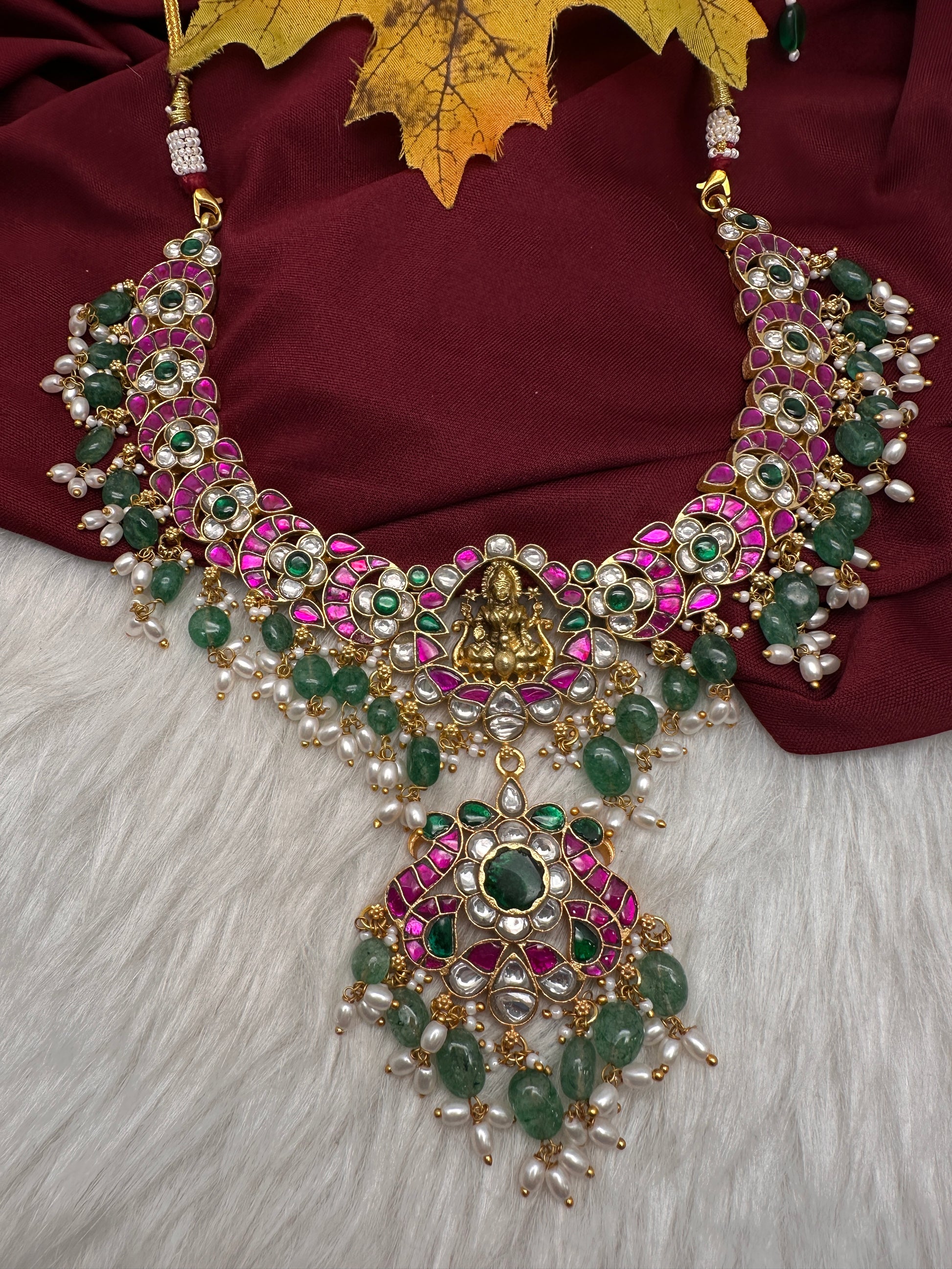 Jadau Kundan Goddess Lakshmi Necklace with Emerald Beads - 