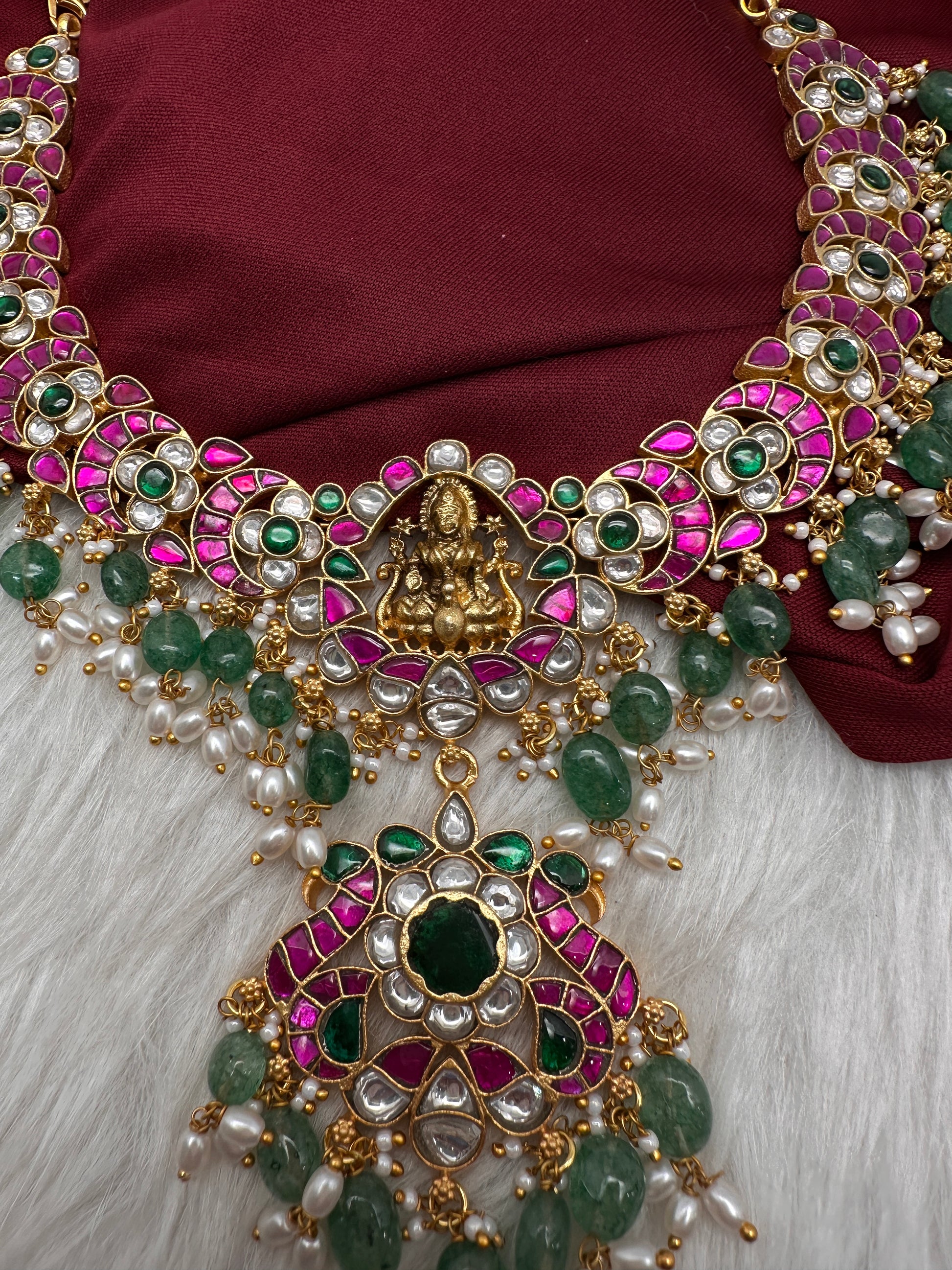 Jadau Kundan Goddess Lakshmi Necklace with Emerald Beads - 