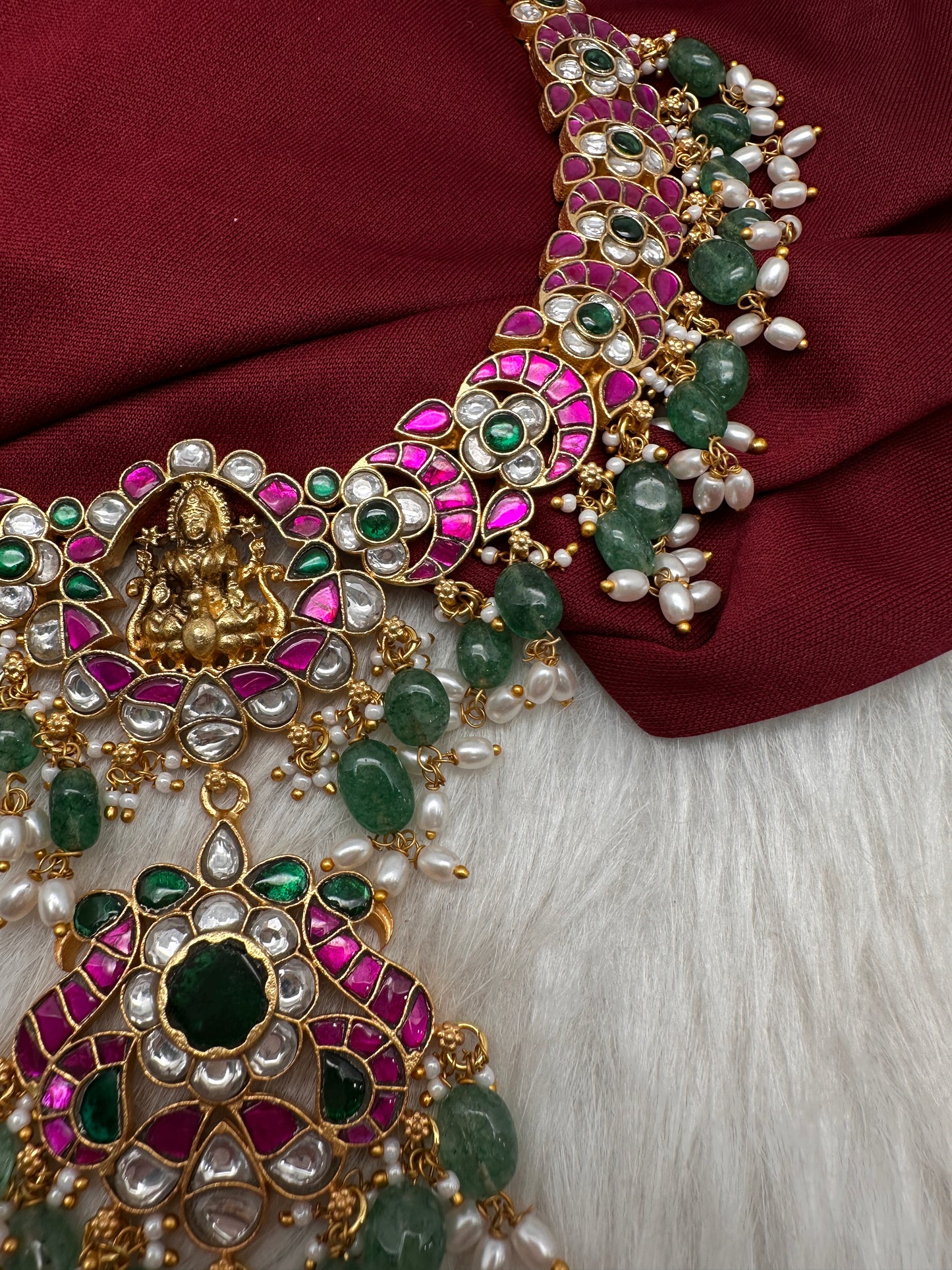 Jadau Kundan Goddess Lakshmi Necklace with Emerald Beads - 