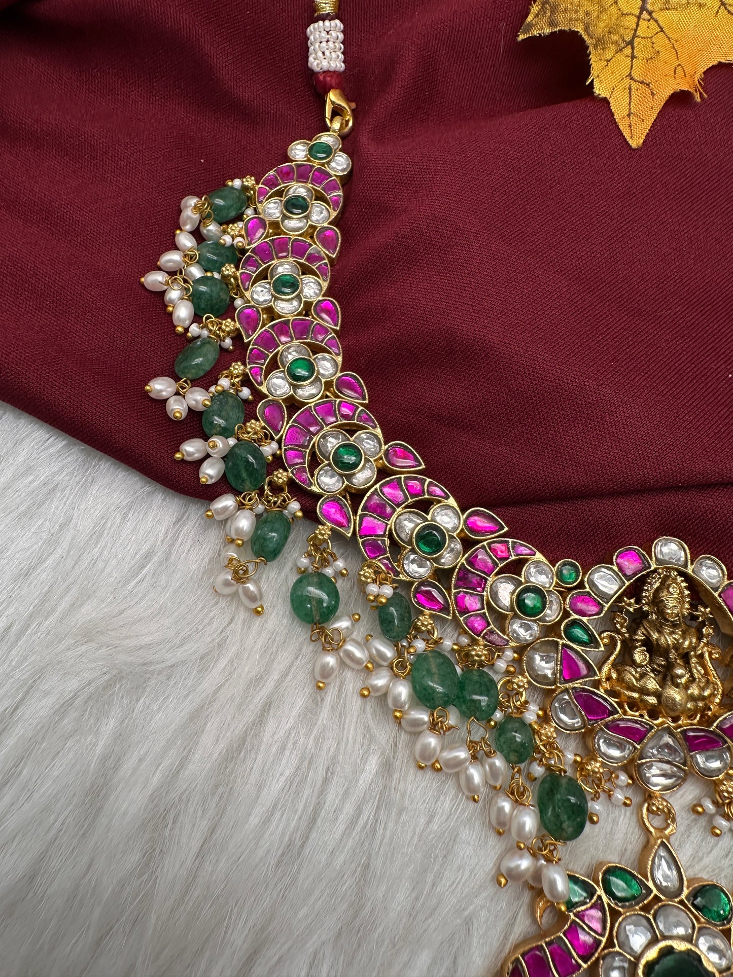 Jadau Kundan Goddess Lakshmi Necklace with Emerald Beads - 