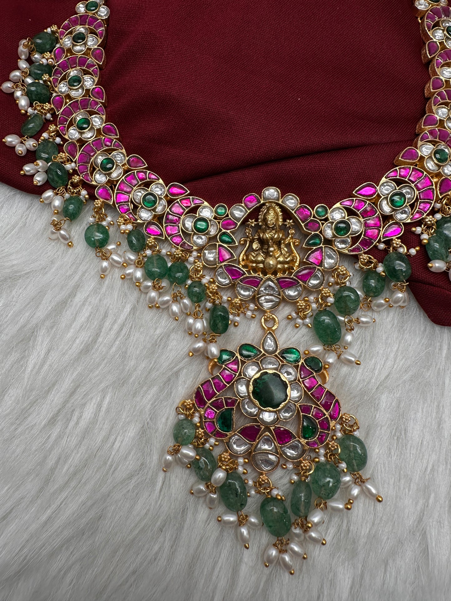Jadau Kundan Goddess Lakshmi Necklace with Emerald Beads - 