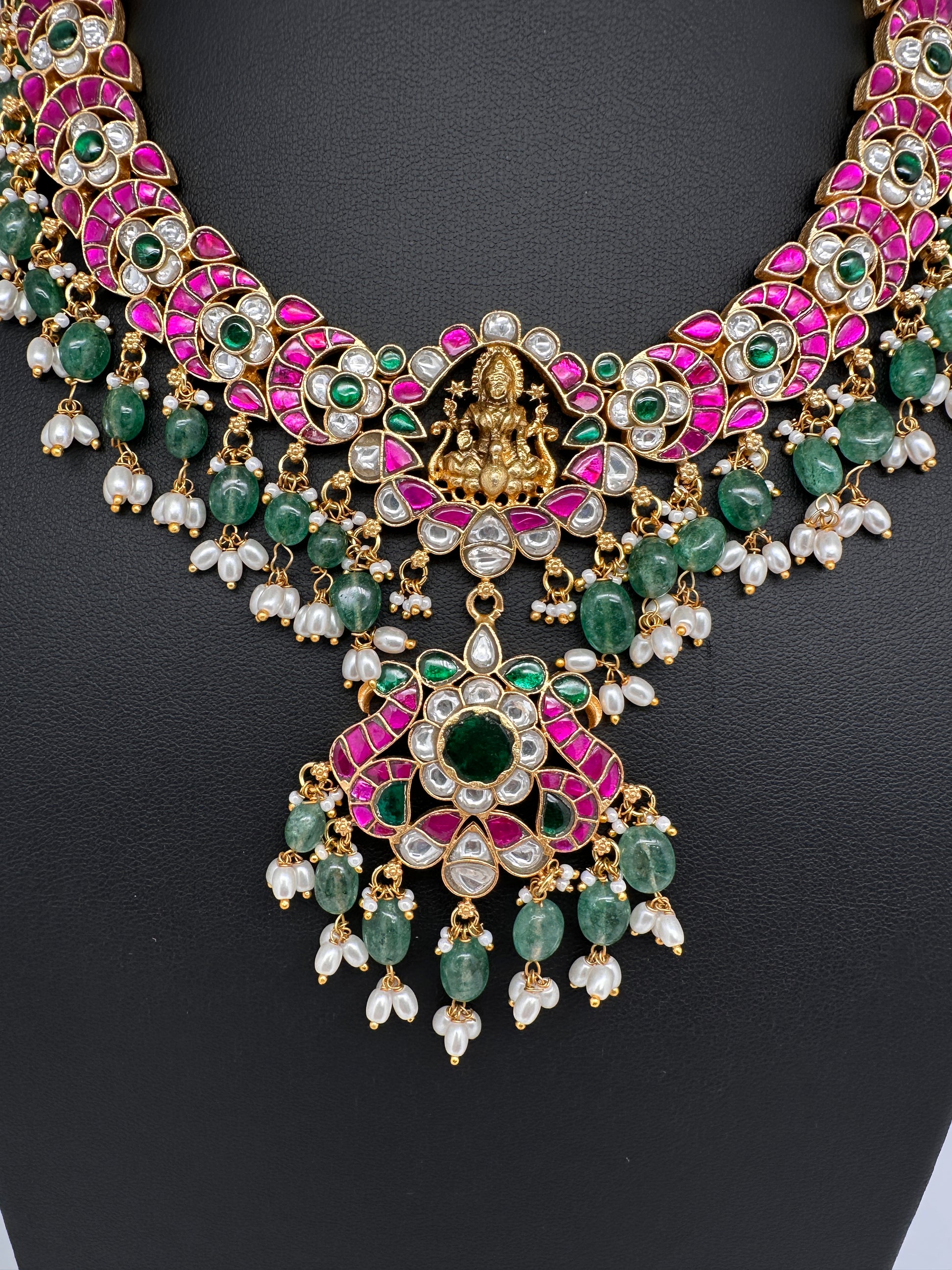 Jadau Kundan Goddess Lakshmi Necklace with Emerald Beads - 