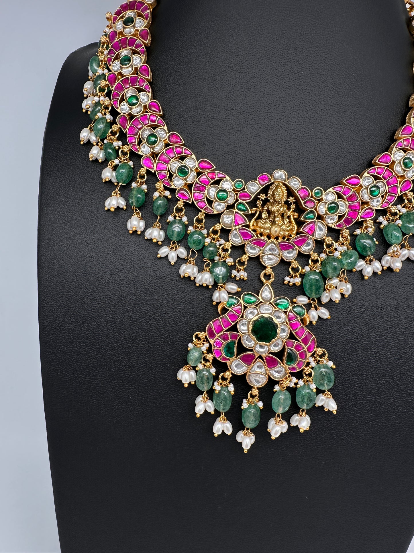 Jadau Kundan Goddess Lakshmi Necklace with Emerald Beads - 