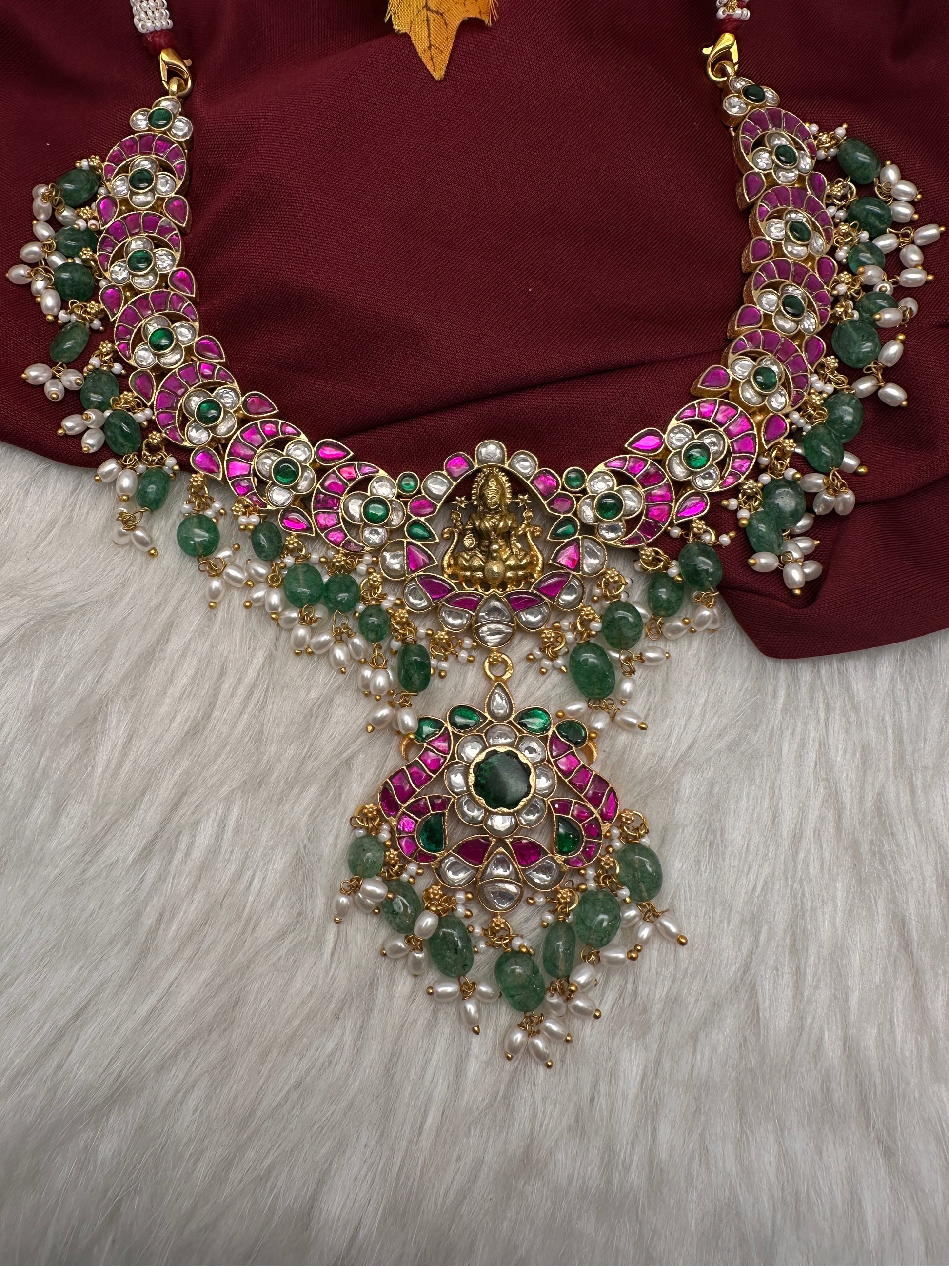 Jadau Kundan Goddess Lakshmi Necklace with Emerald Beads - 