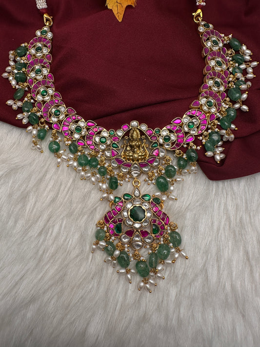 Jadau Kundan Goddess Lakshmi Necklace with Emerald Beads - 