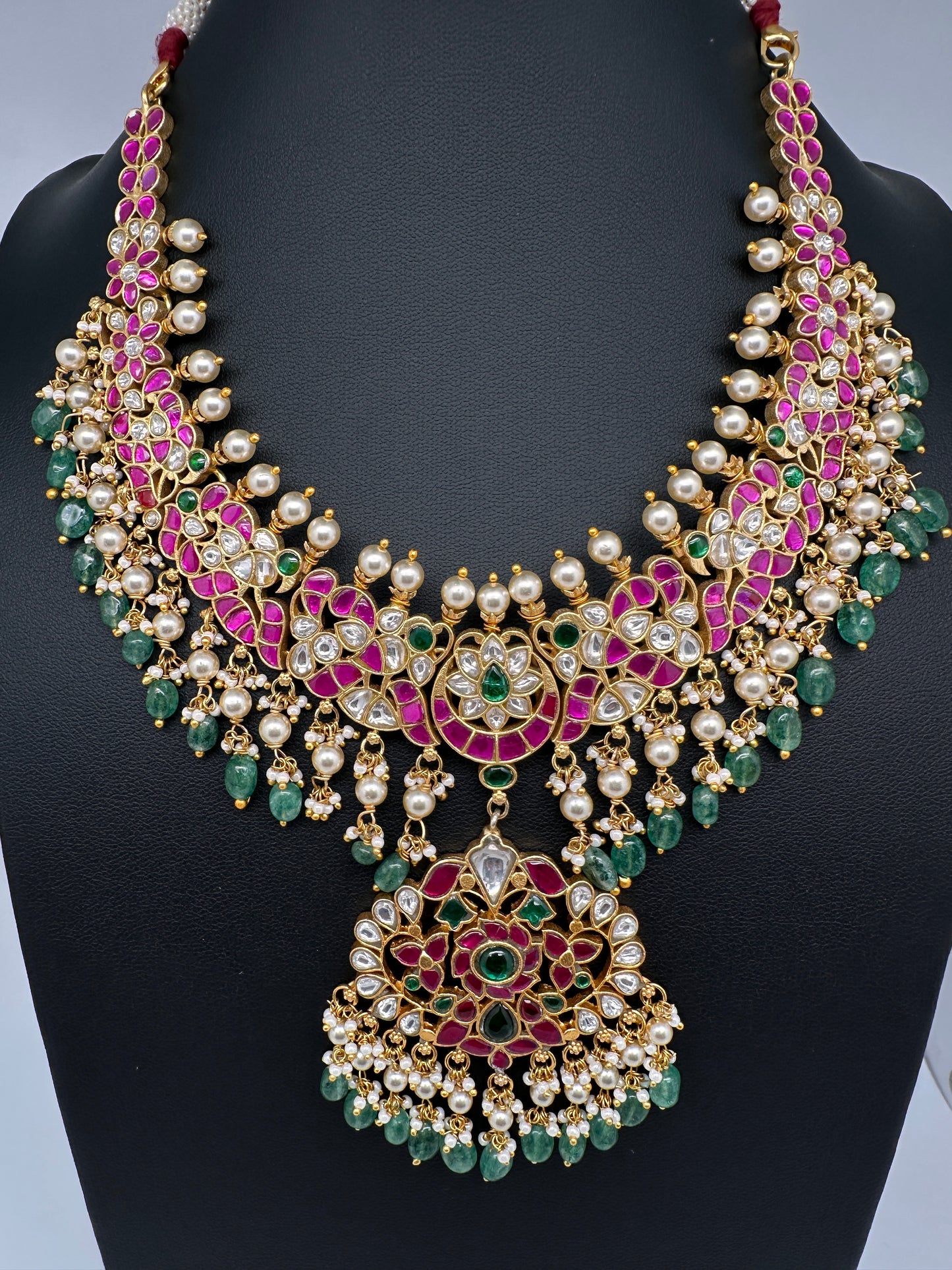Jadau Kundan Necklace with Emerald Beads - 