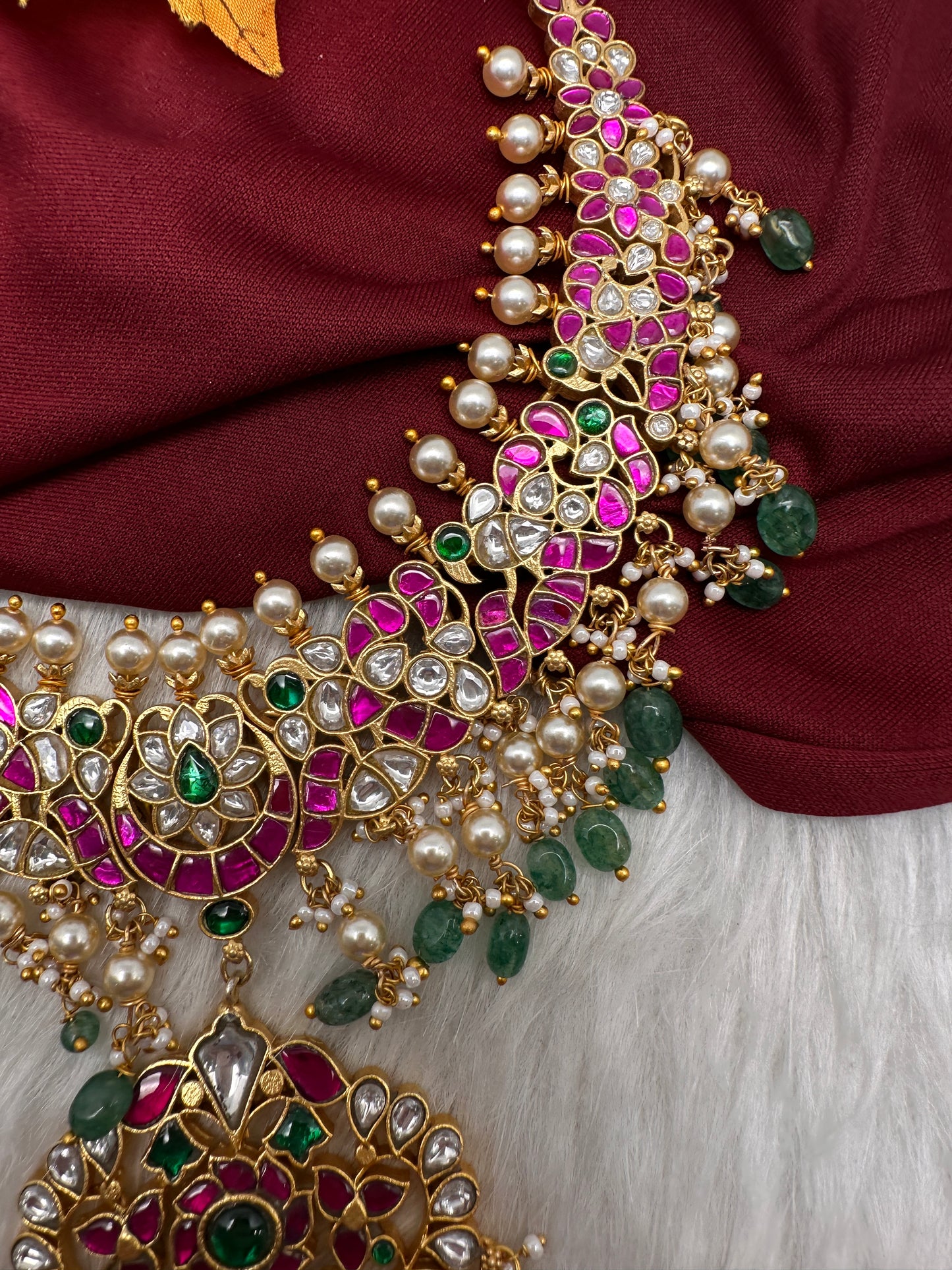 Jadau Kundan Necklace with Emerald Beads - 