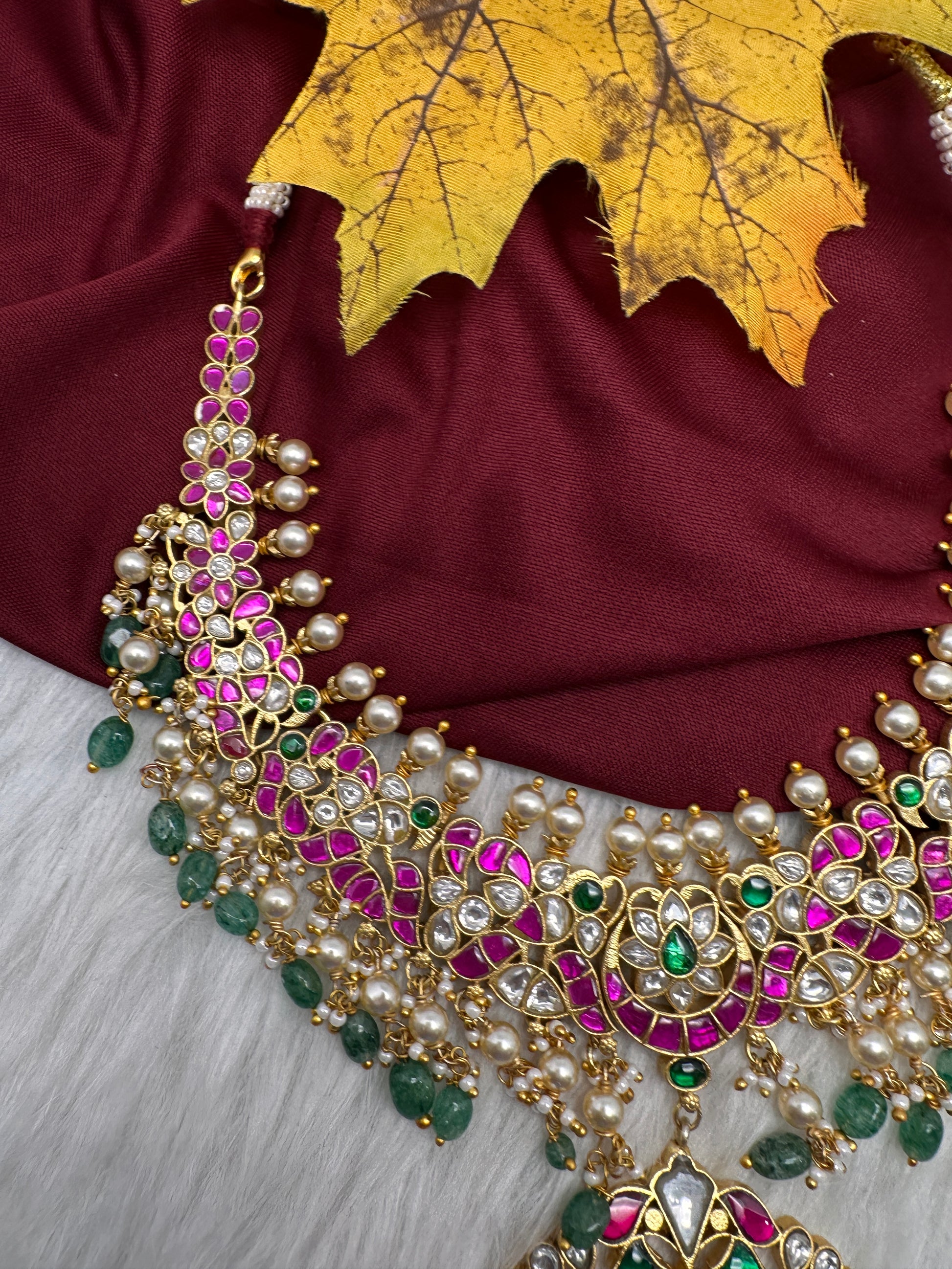 Jadau Kundan Necklace with Emerald Beads - 