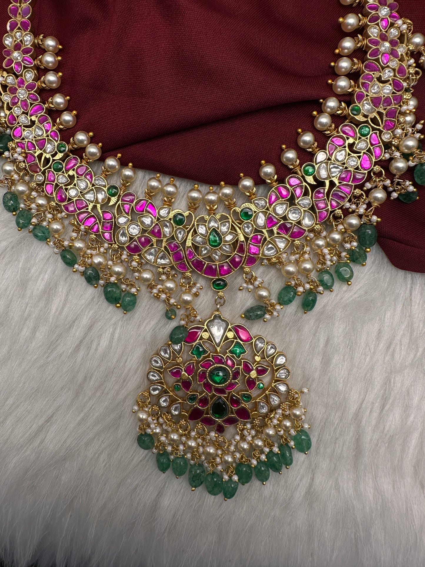 Jadau Kundan Necklace with Emerald Beads - 