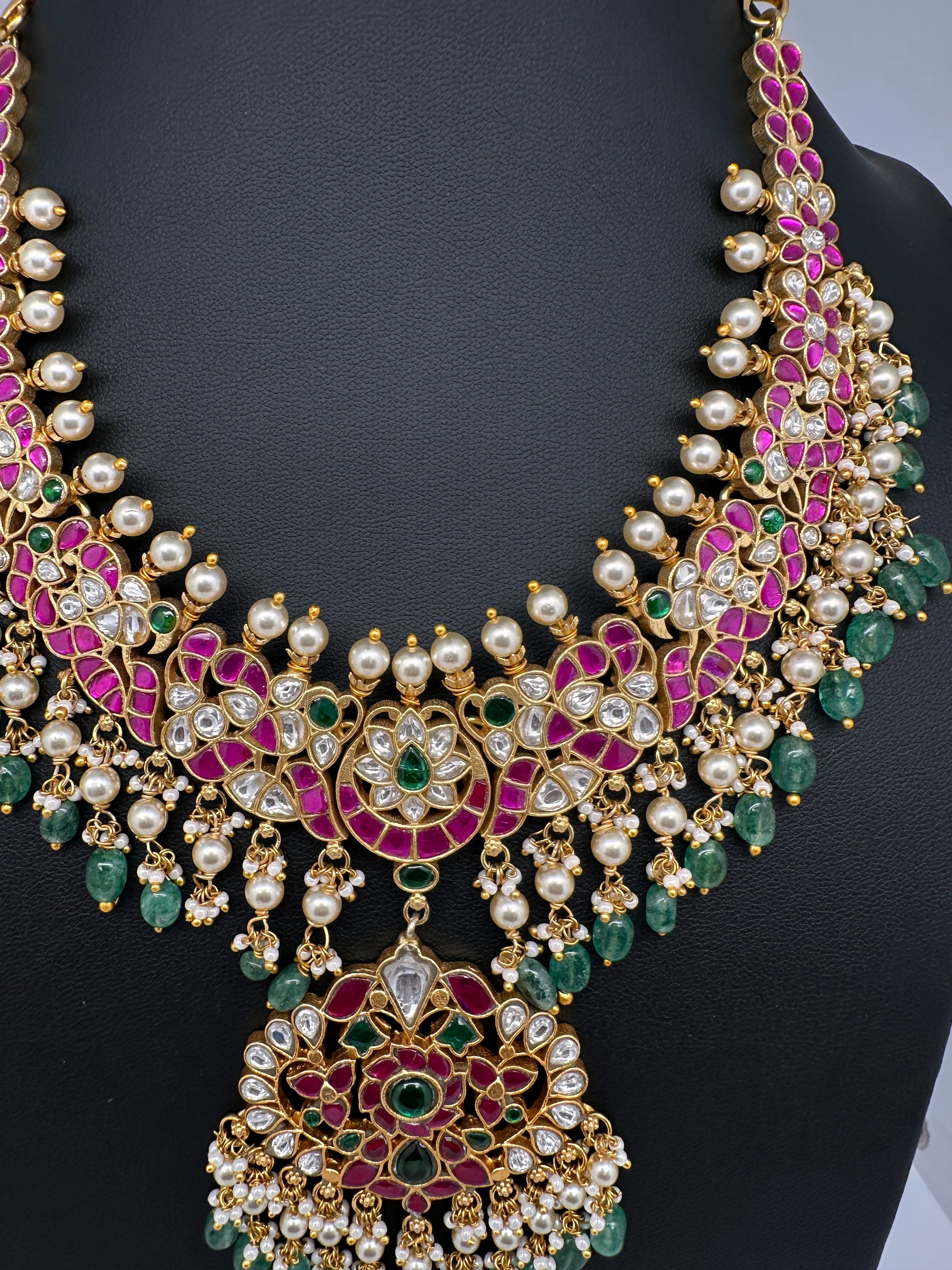 Jadau Kundan Necklace with Emerald Beads - 