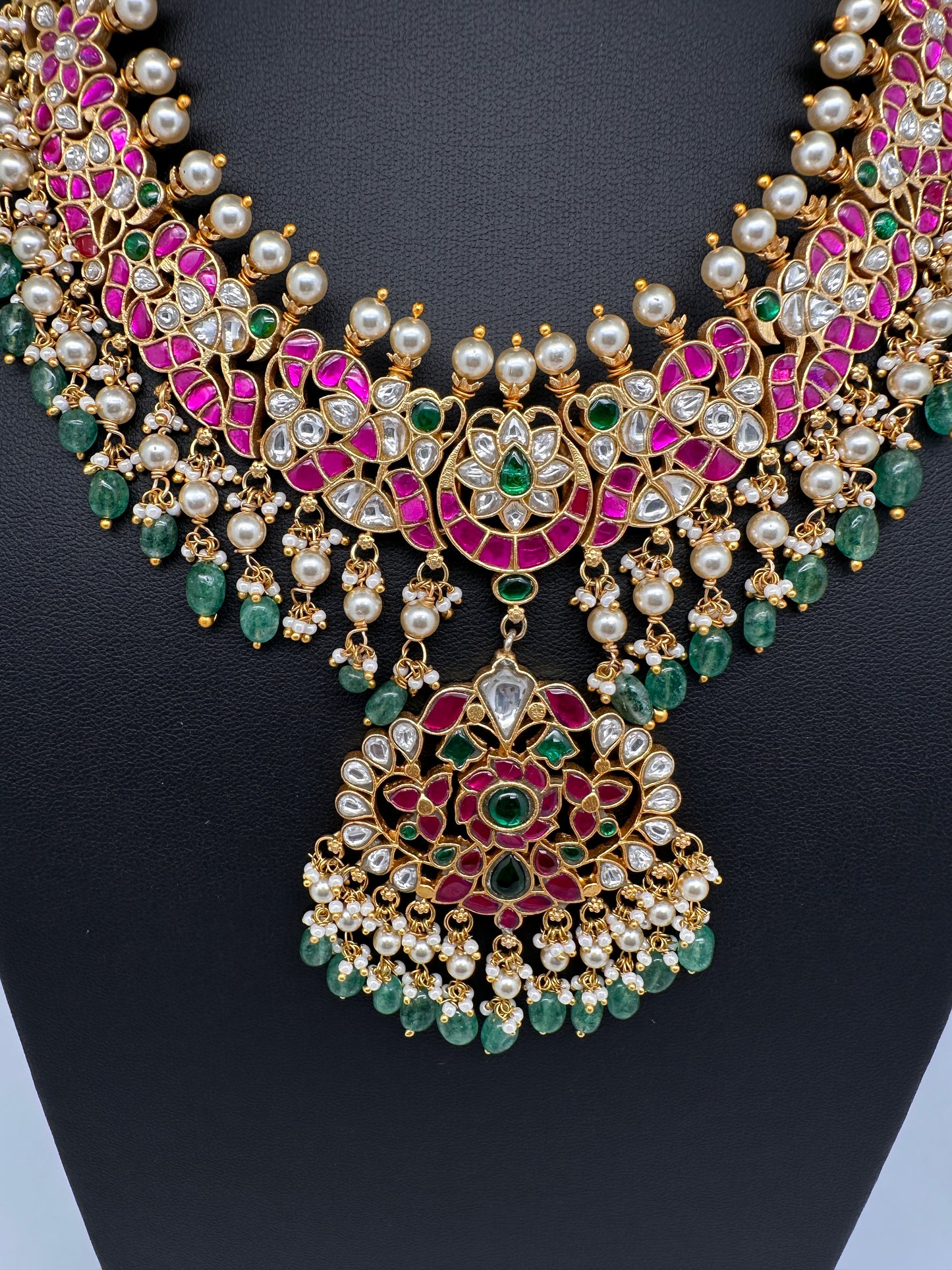 Jadau Kundan Necklace with Emerald Beads - 