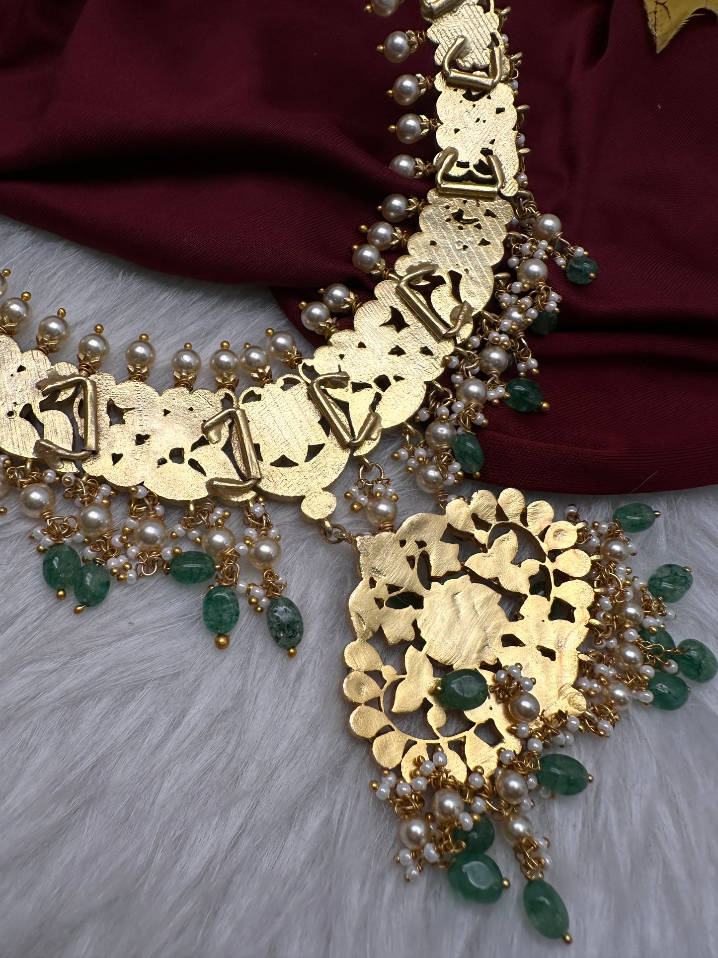 Jadau Kundan Necklace with Emerald Beads - 