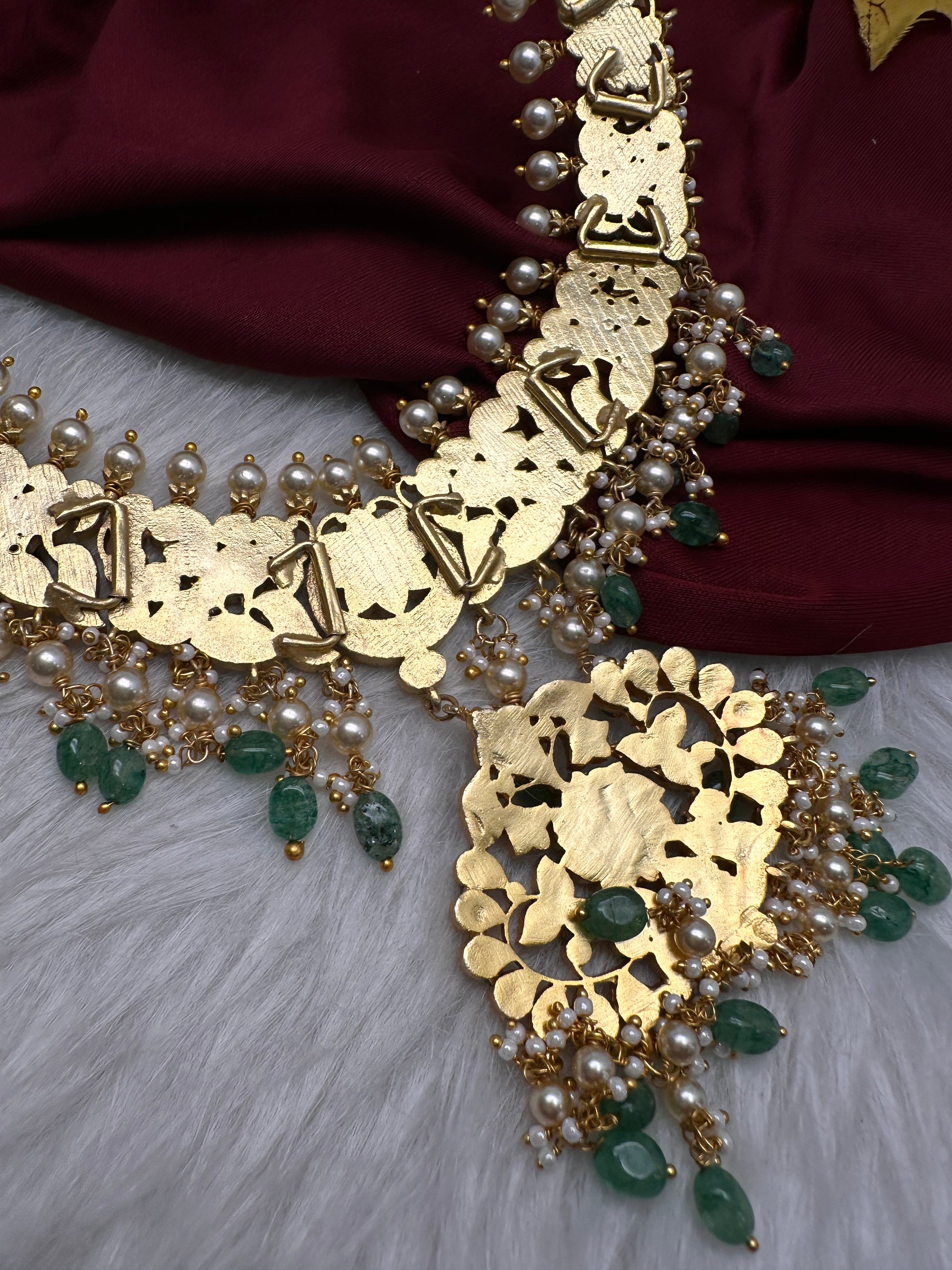 Jadau Kundan Necklace with Emerald Beads - 