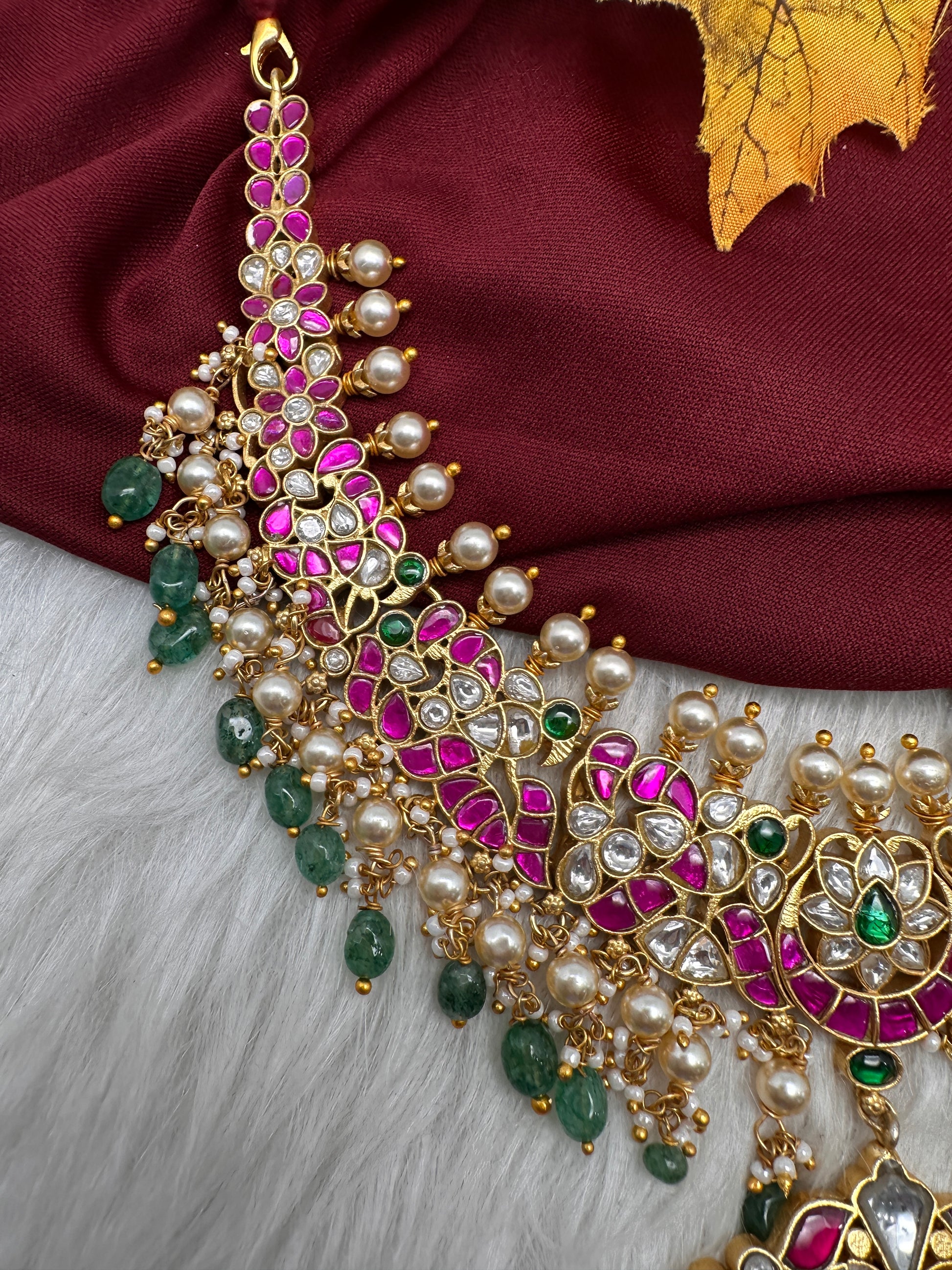 Jadau Kundan Necklace with Emerald Beads - 