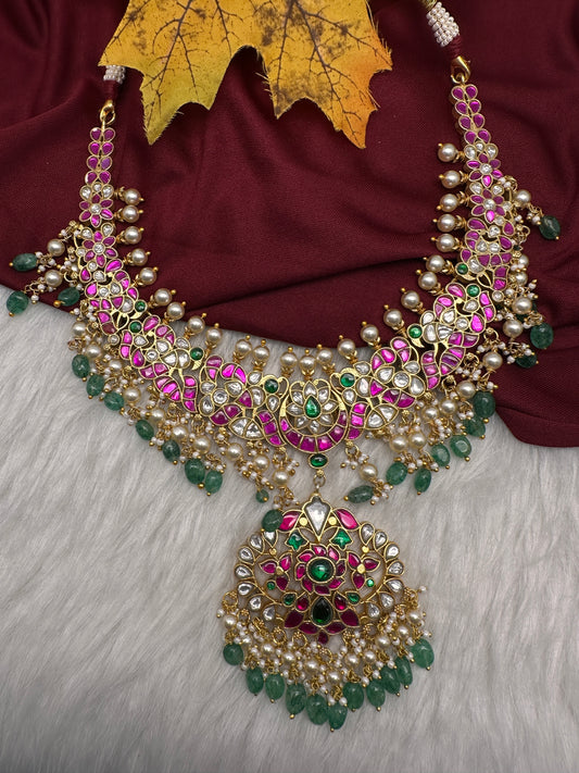 Jadau Kundan Necklace with Emerald Beads - 