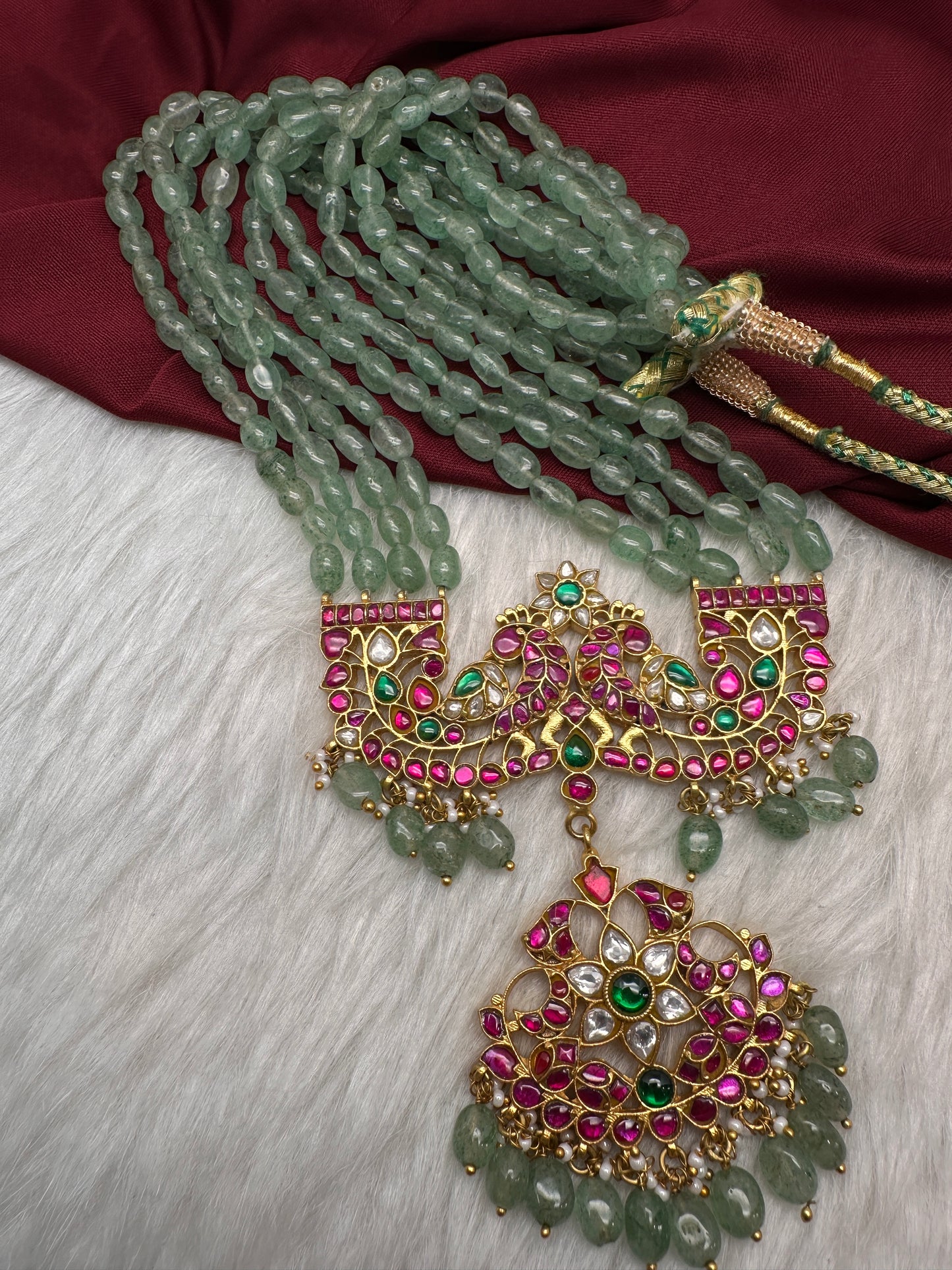 Jadau Kundan Long Rani Haar Necklace with Emerald Beads - 