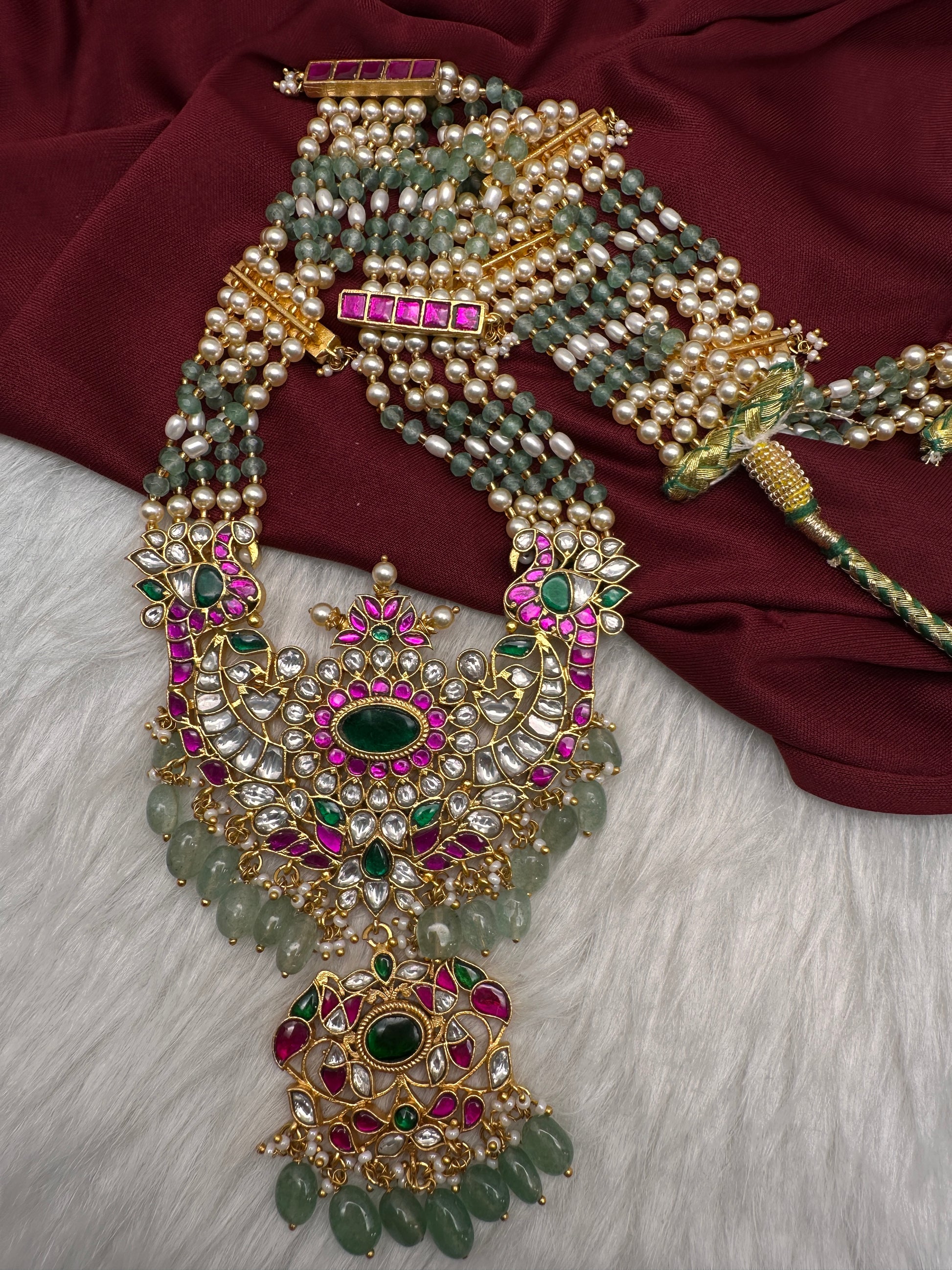 Jadau Kundan Long Rani Haar Necklace with Emerald Beads and Pearls - 