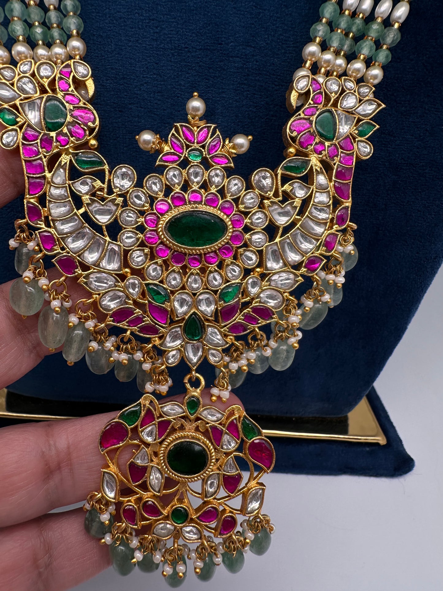 Jadau Kundan Long Rani Haar Necklace with Emerald Beads and Pearls - 
