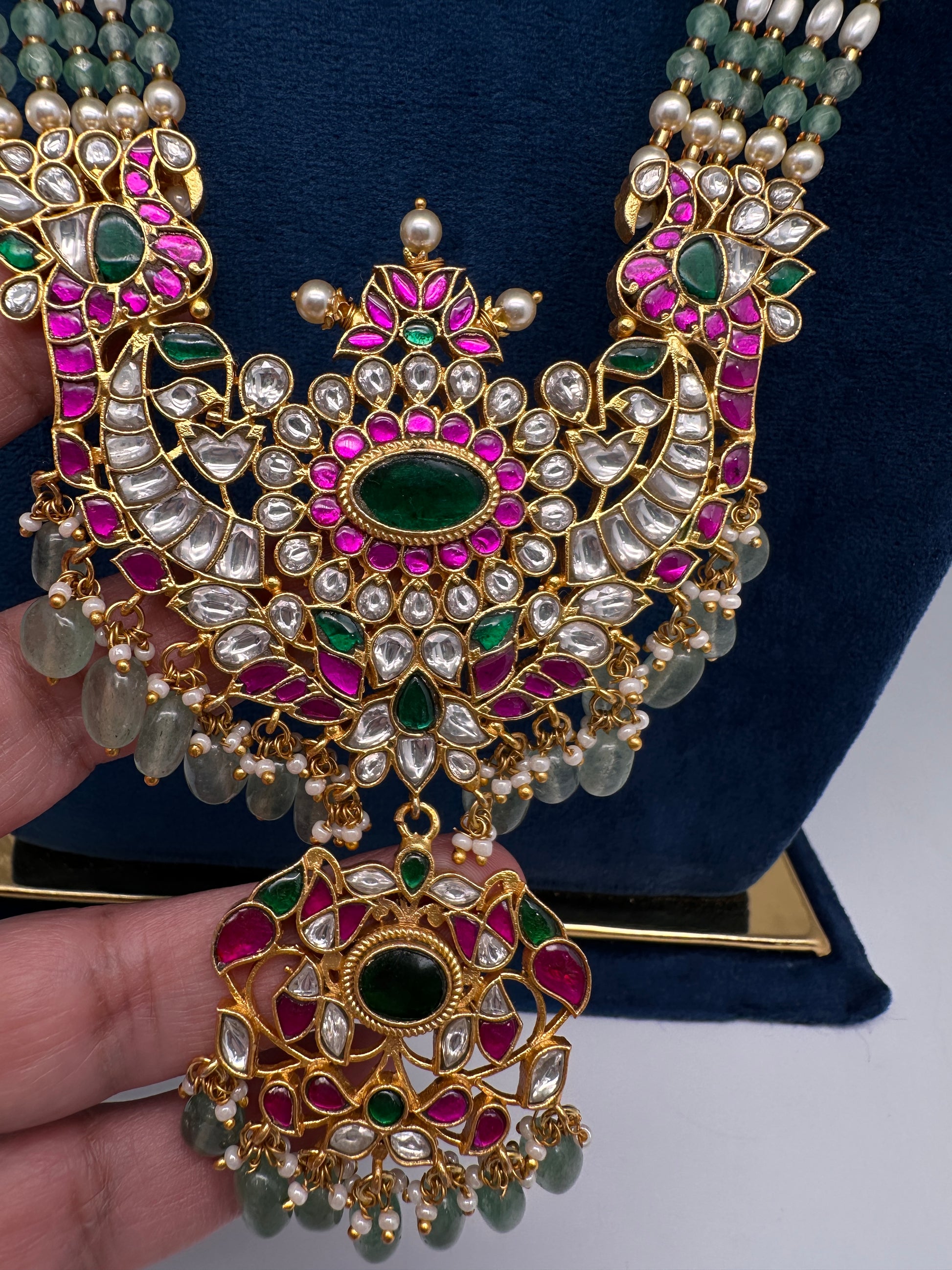Jadau Kundan Long Rani Haar Necklace with Emerald Beads and Pearls - 