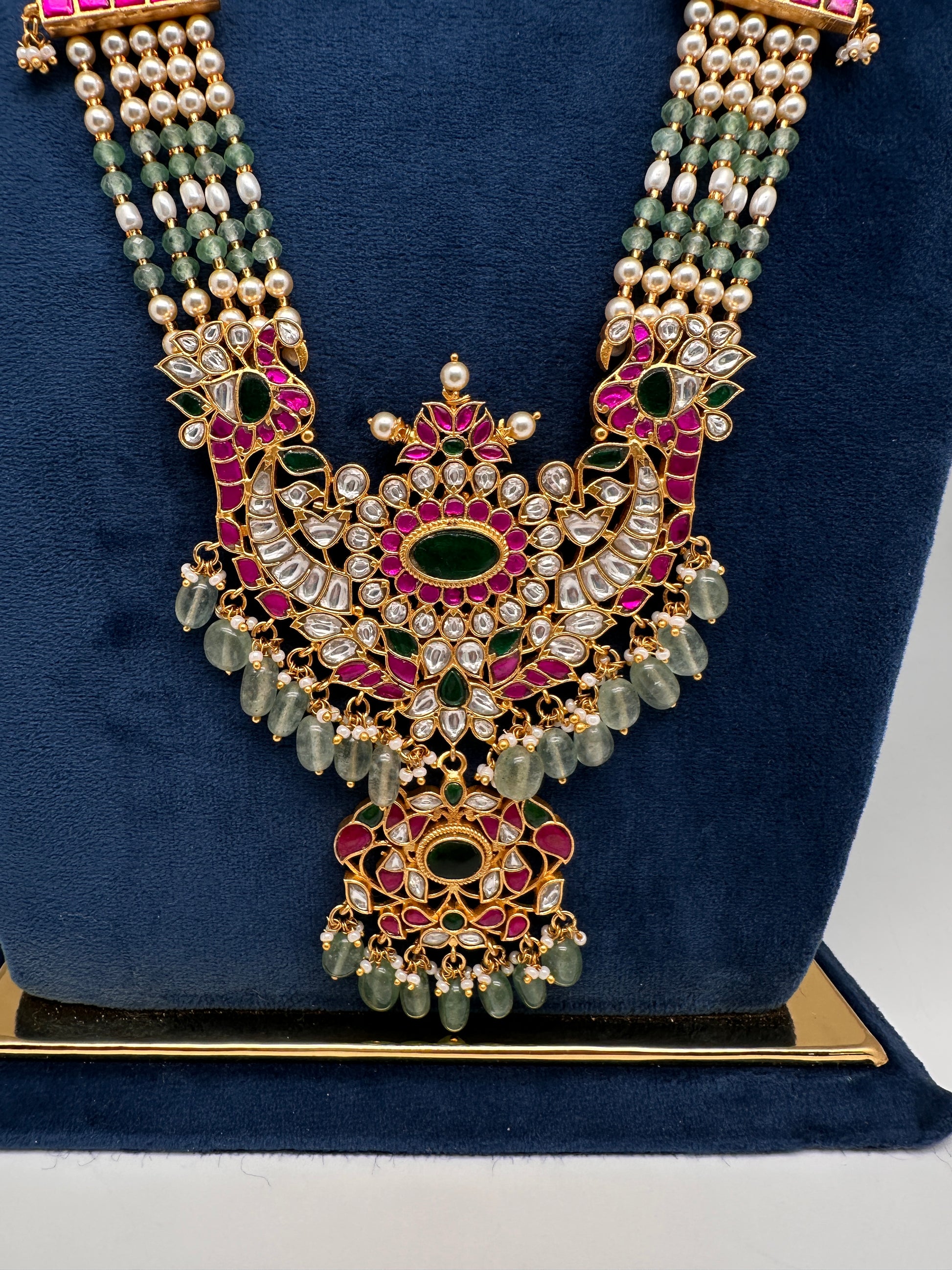 Jadau Kundan Long Rani Haar Necklace with Emerald Beads and Pearls - 