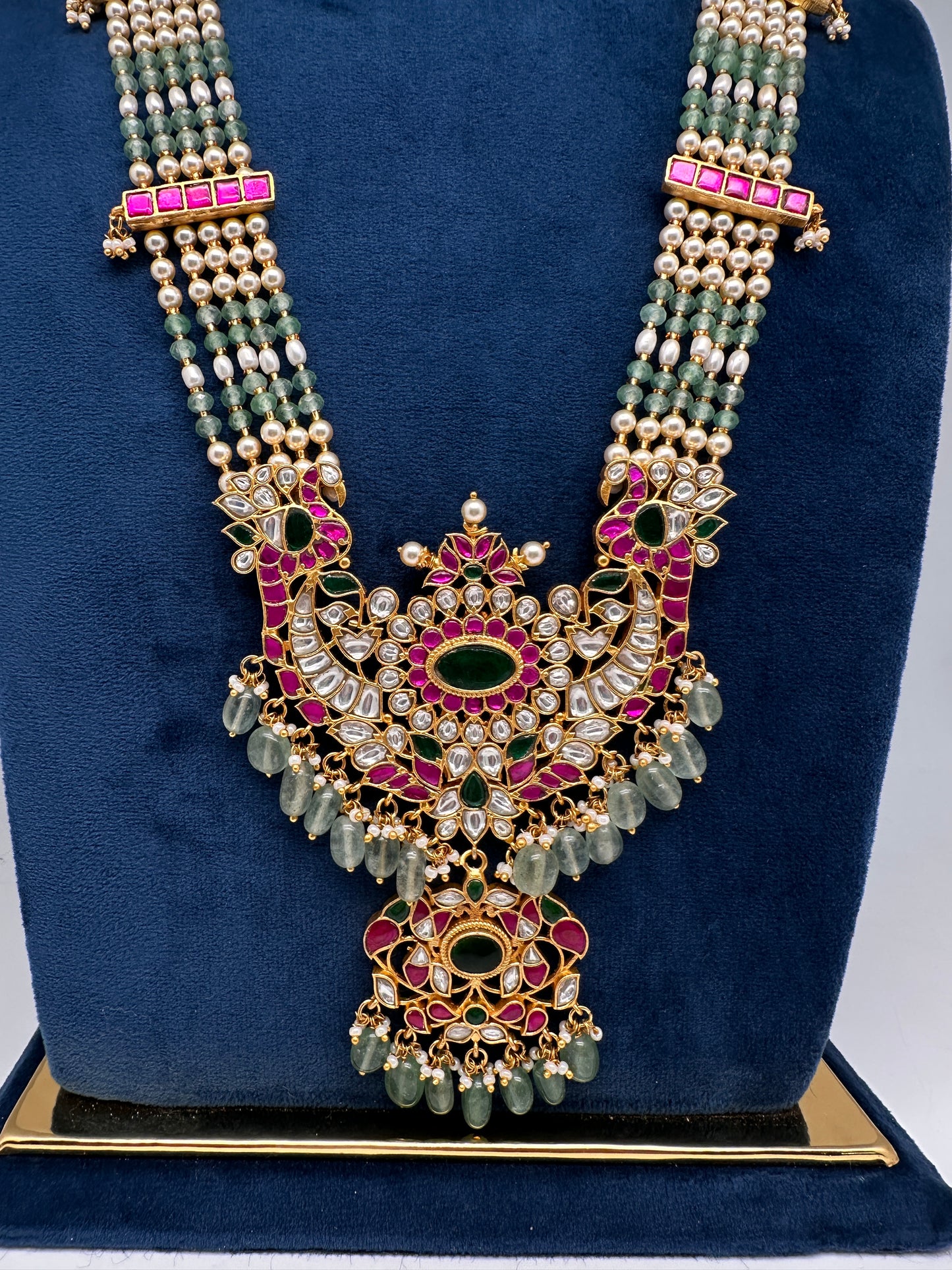 Jadau Kundan Long Rani Haar Necklace with Emerald Beads and Pearls - 