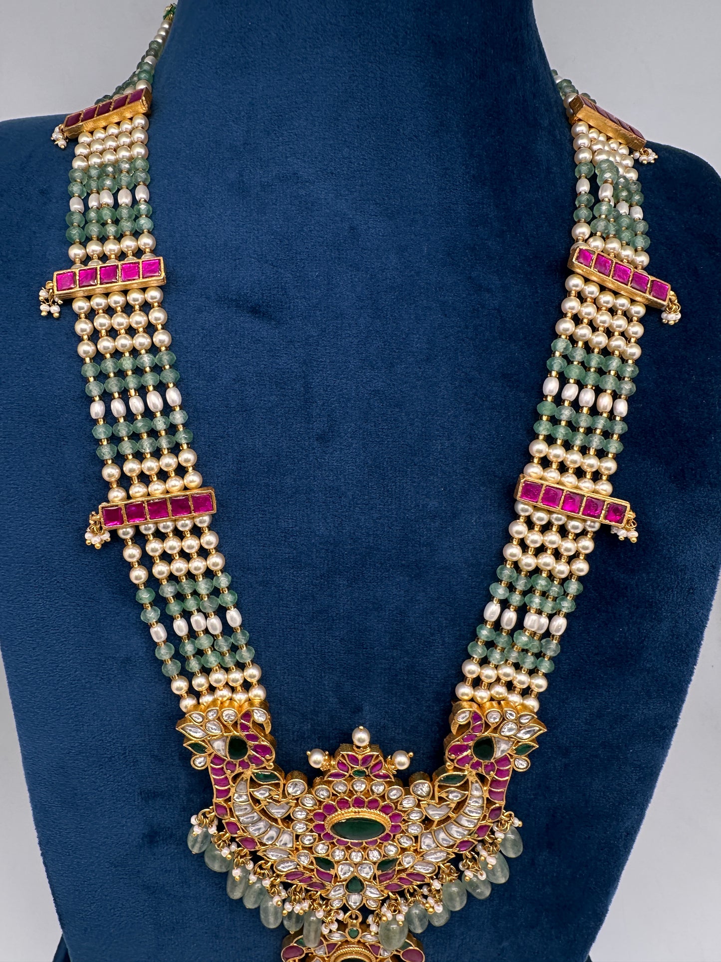 Jadau Kundan Long Rani Haar Necklace with Emerald Beads and Pearls - 