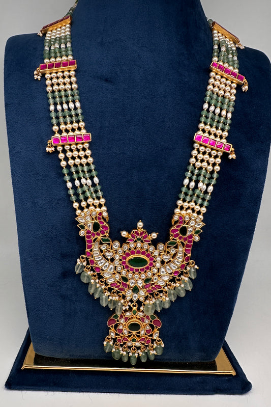 Jadau Kundan Long Rani Haar Necklace with Emerald Beads and Pearls - 