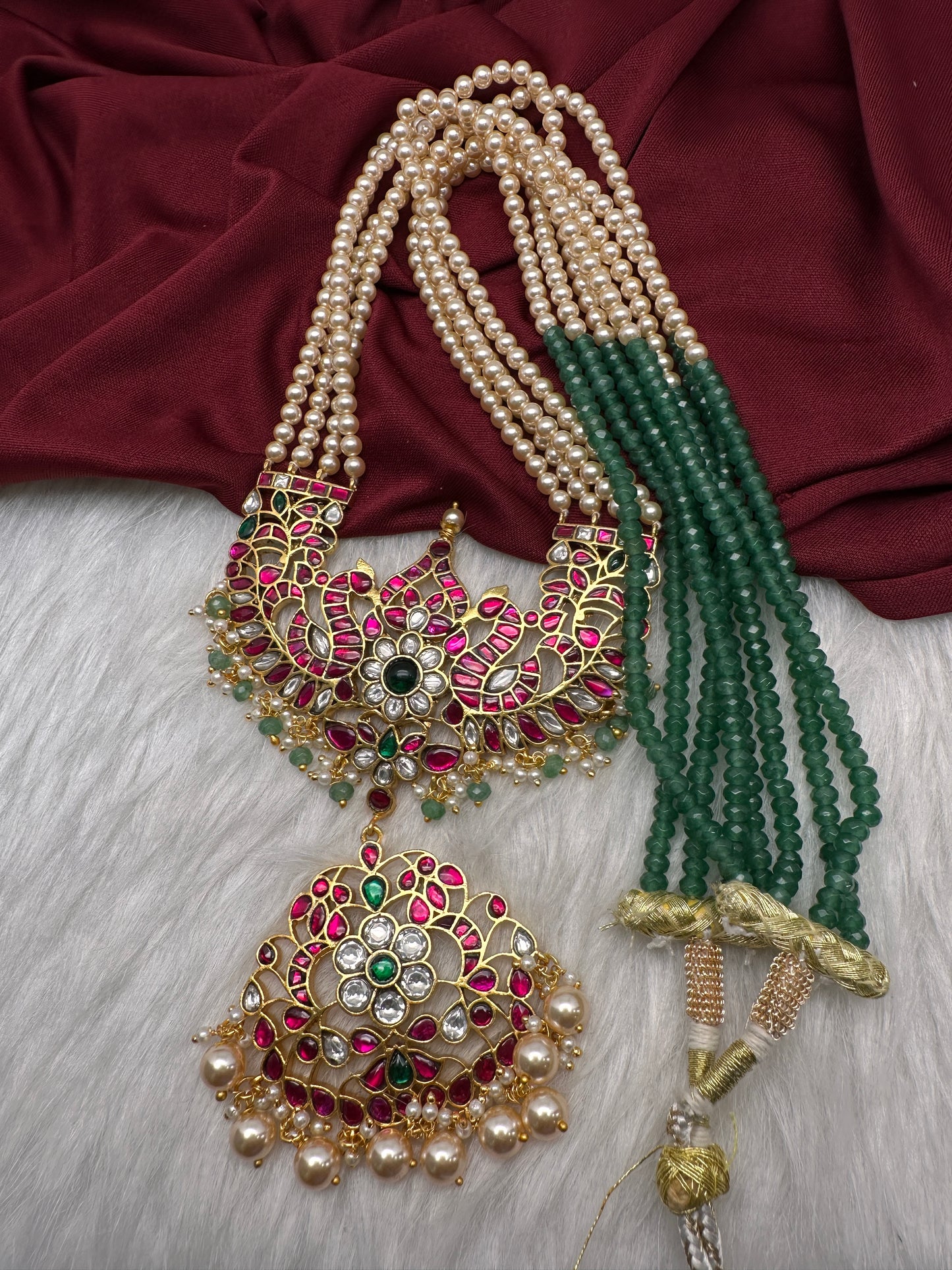Jadau Kundan Long Rani Haar Necklace with Emerald Beads and Pearls - 